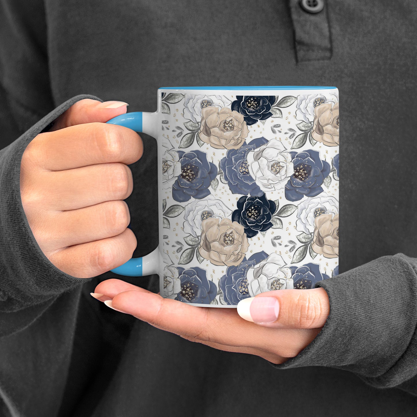 Flowers design Pattern Sky Blue Handle 330 ml Coffee Mug