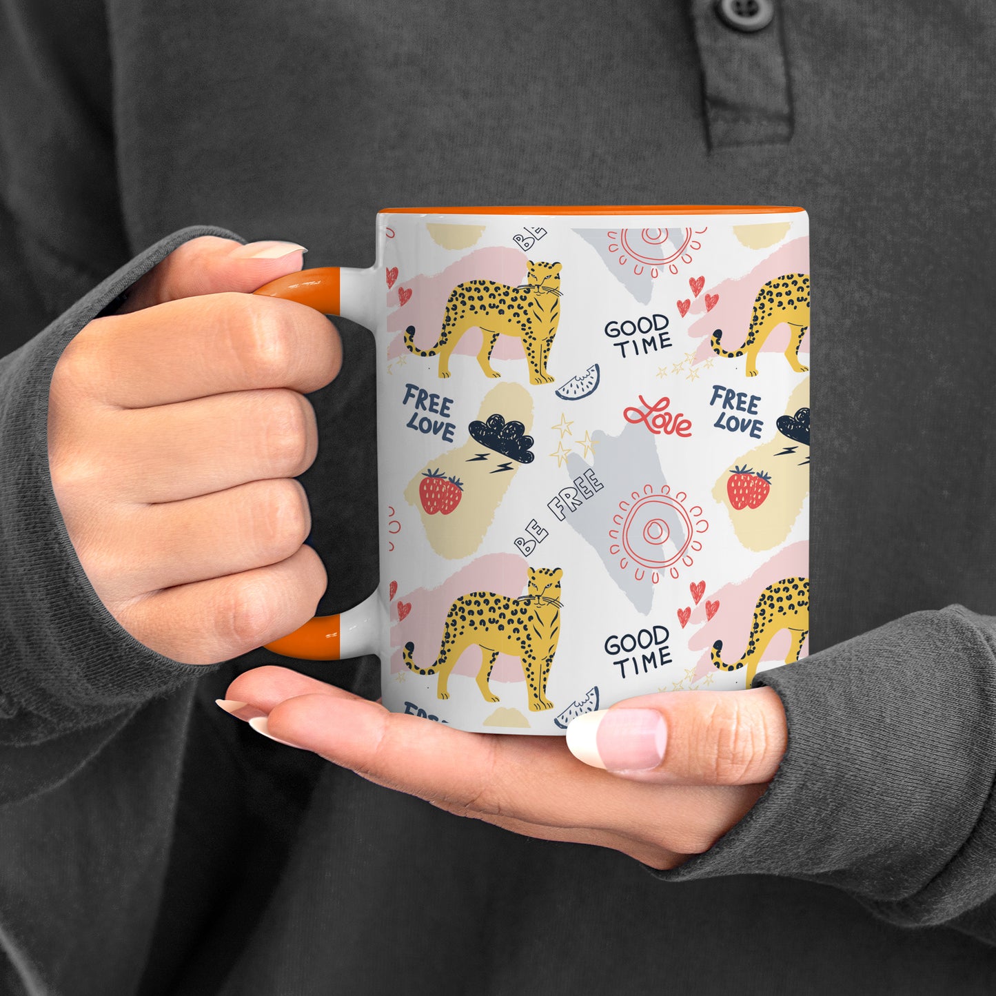 Colorful doodle cheetah and words pattern design Orange Handle 330 ml Coffee Mug