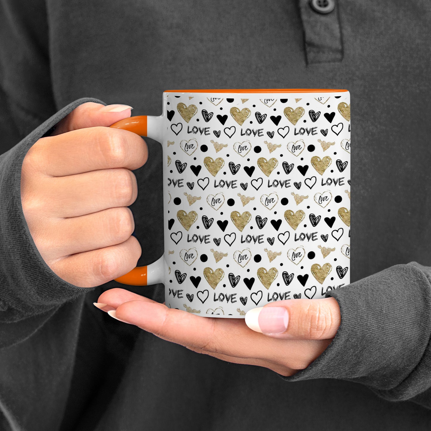 Hand drawn golden and black hearts pattern design Orange Handle 330 ml Coffee Mug