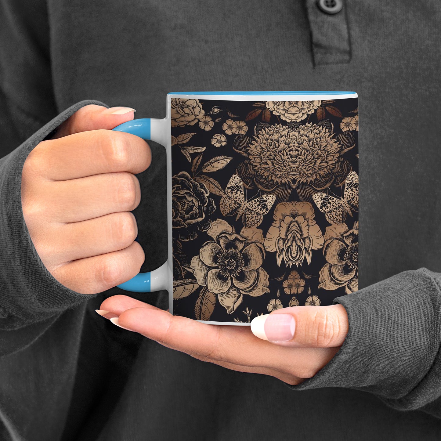 Gold flowers design Pattern Sky Blue Handle 330 ml Coffee Mug