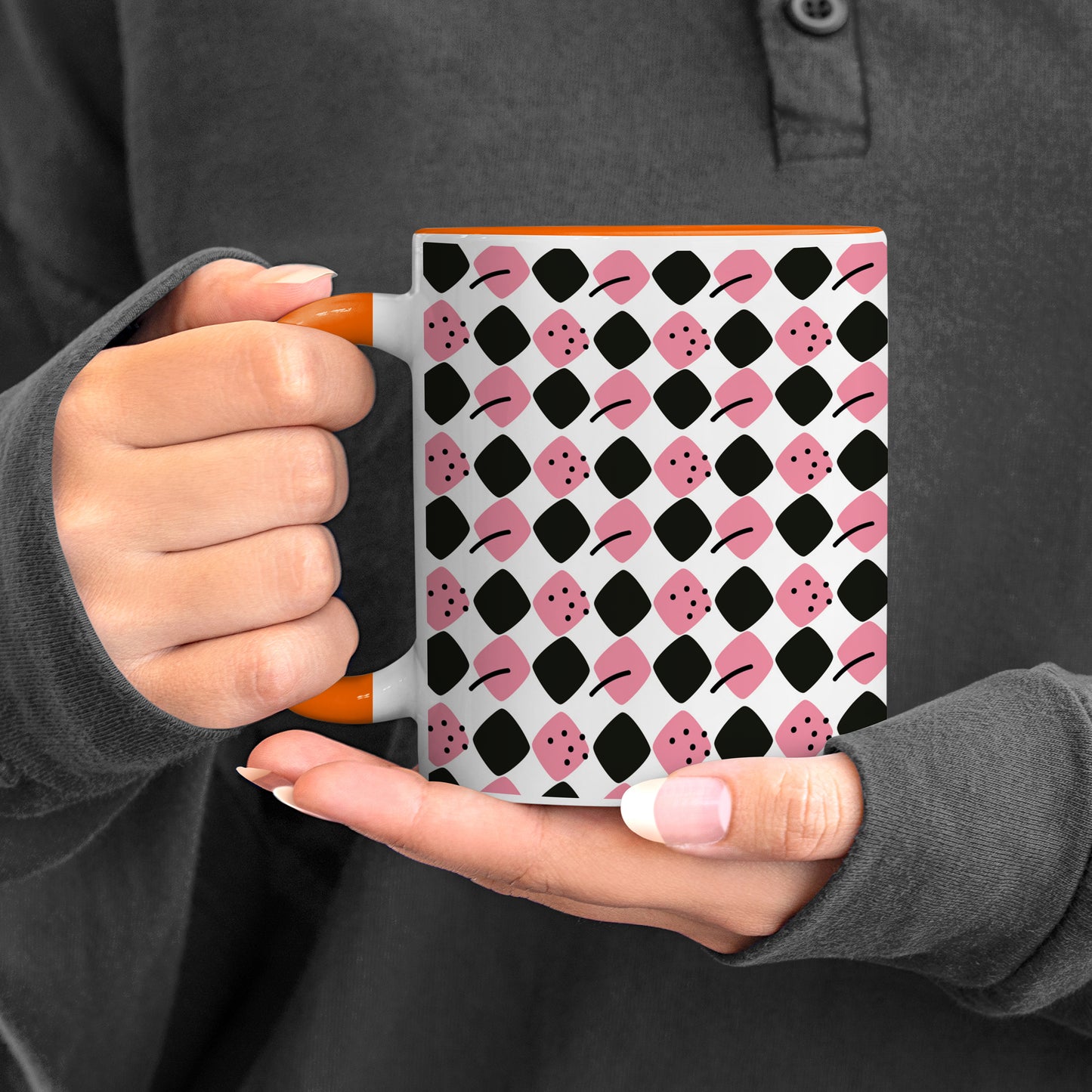 Black N Pink square vector leaves pattern Orange Handle 330 ml Coffee Mug