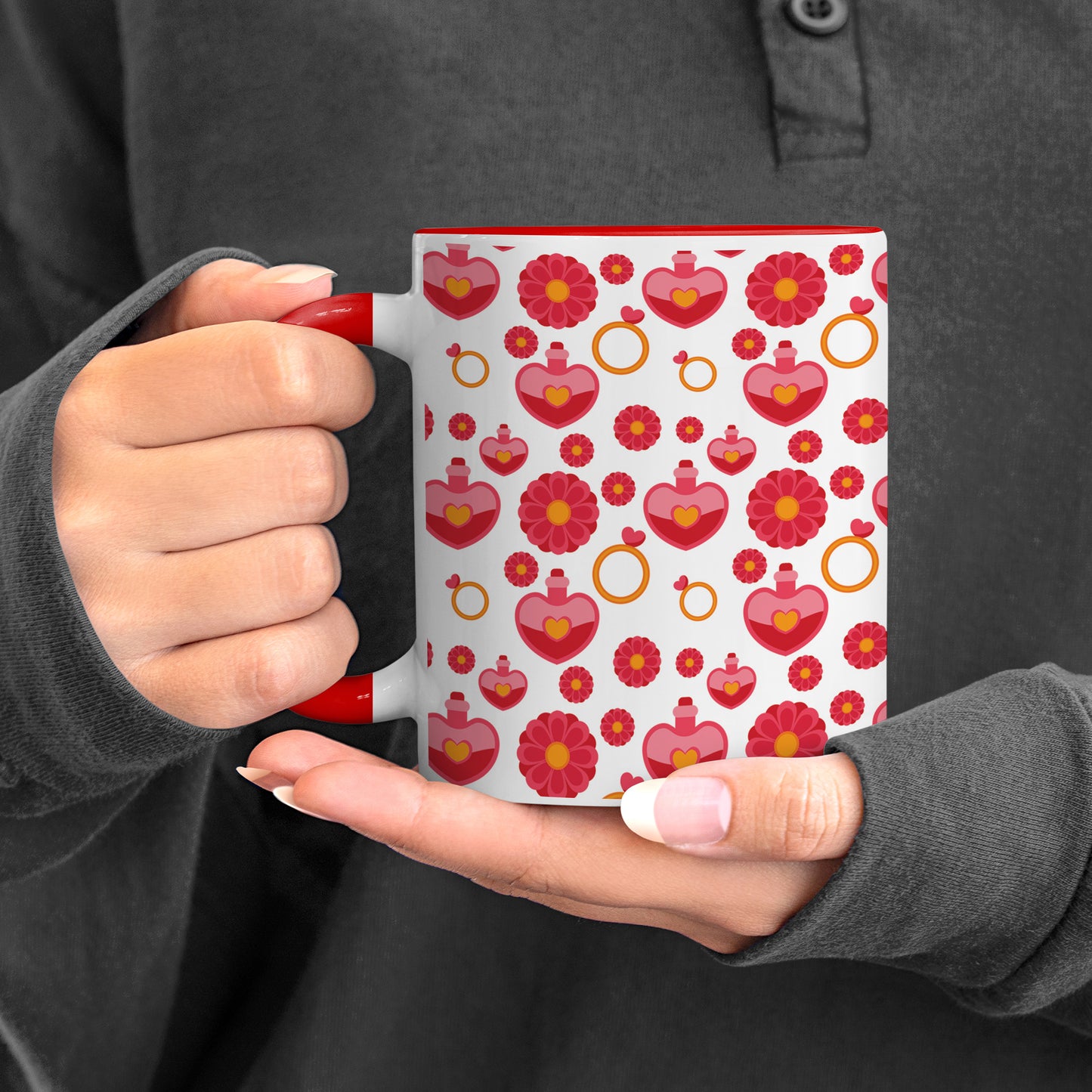 Red seamless love element pattern design Red Handle 330 ml Coffee Mug