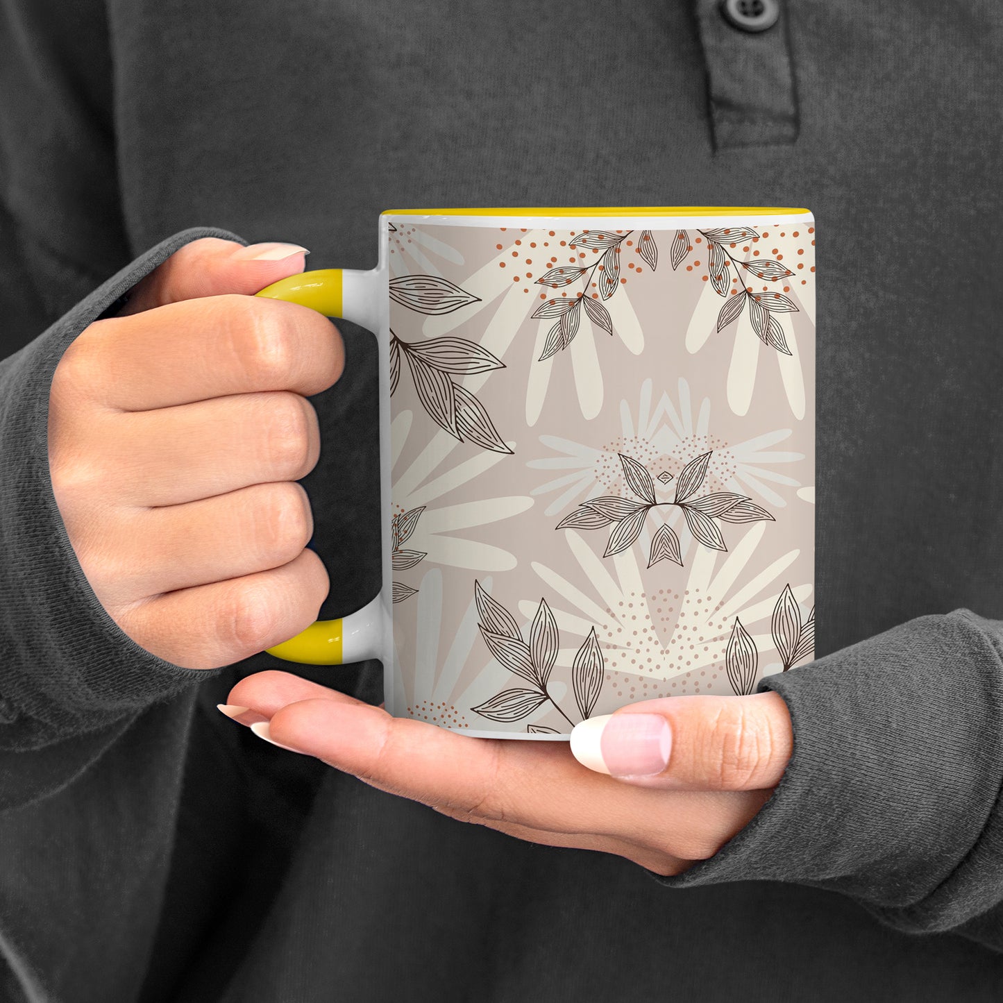 Abstract leaves and dots pattern design Pattern Yellow Handle 330 ml Coffee Mug