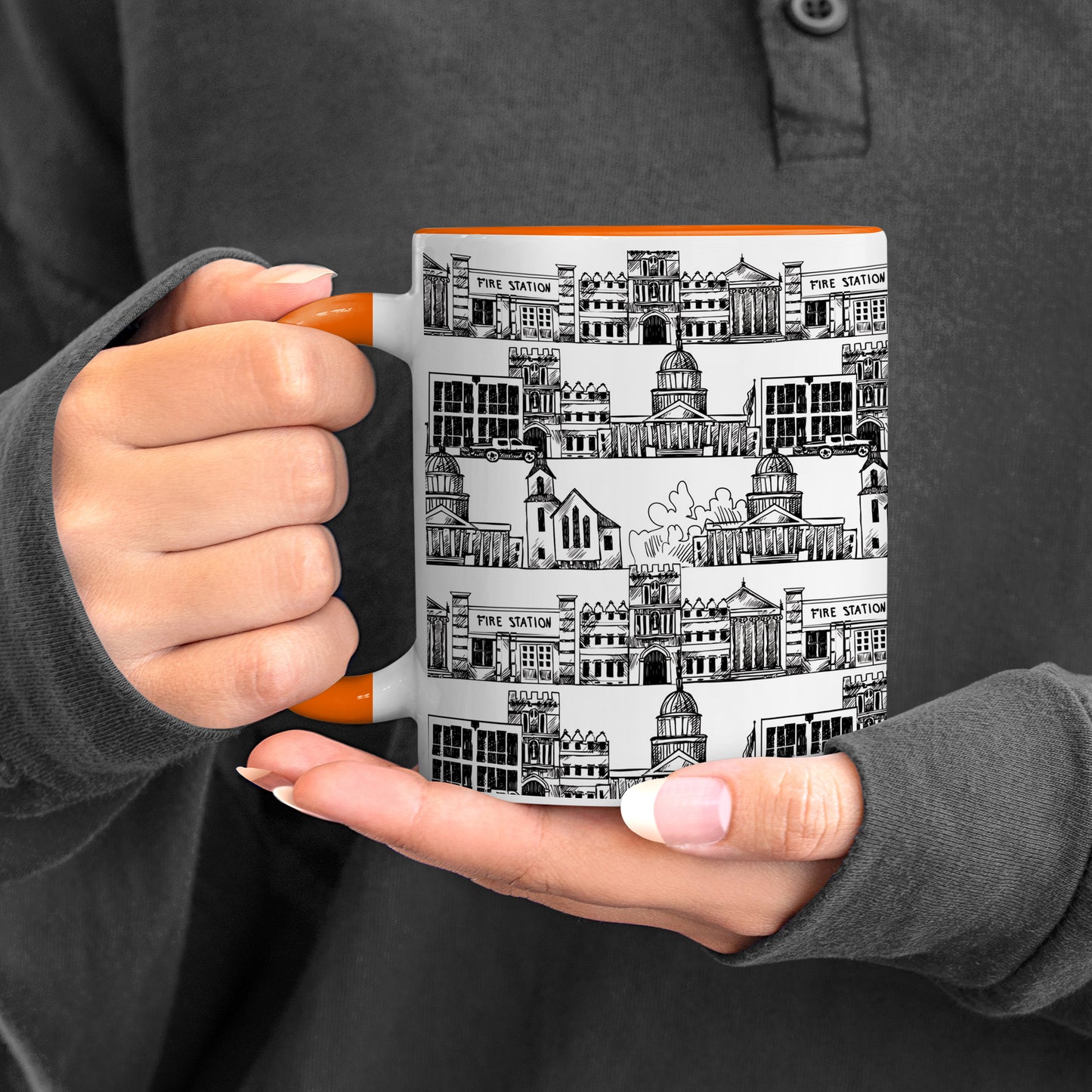 Black in white hand drawing city design Orange Handle 330 ml Coffee Mug