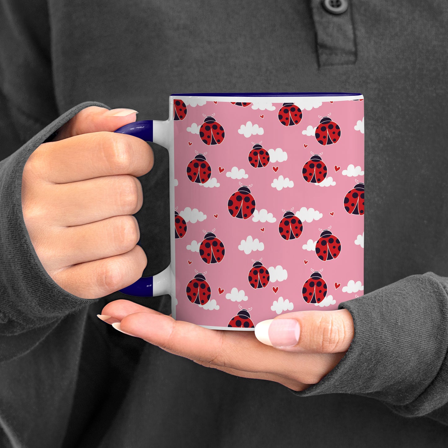 Ladybug pattern design Pattern Dark Blue Handle 330 ml Coffee Mug