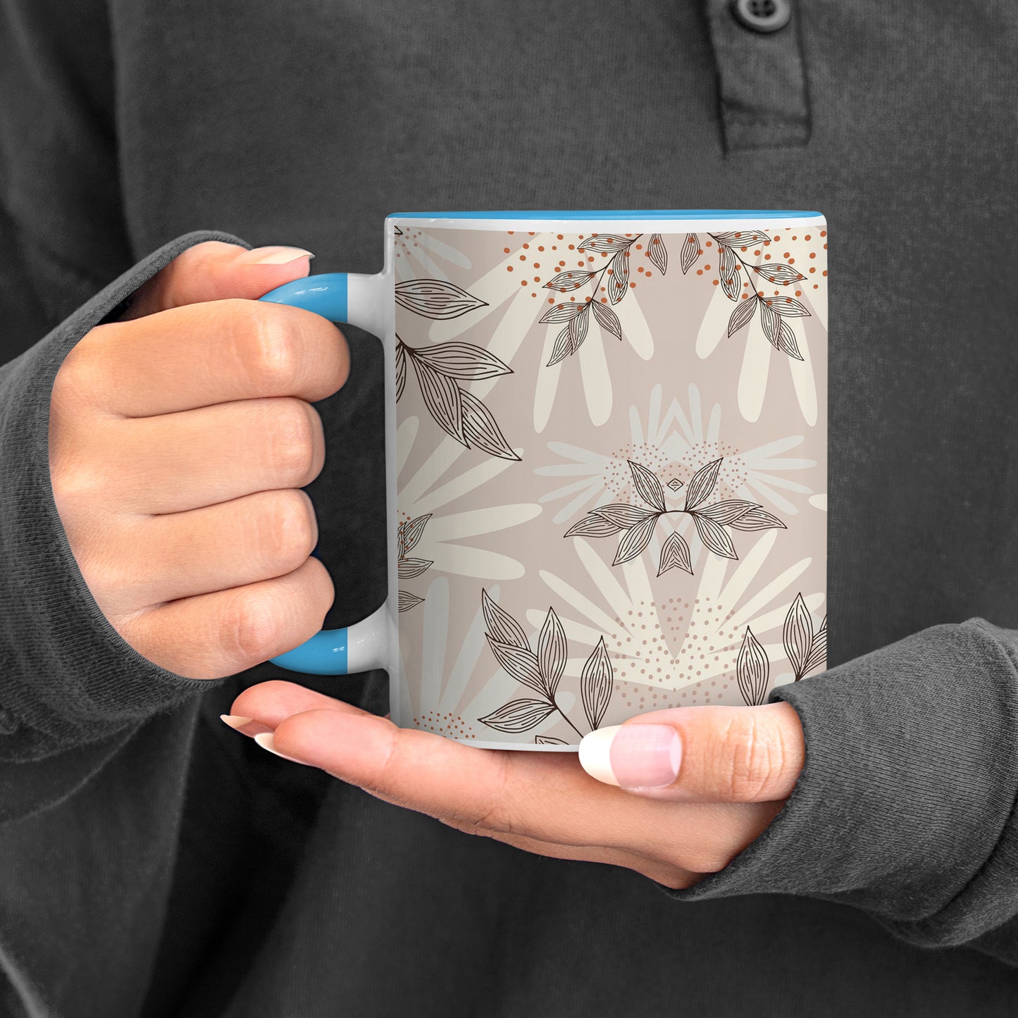 Abstract leaves and dots design Pattern Sky Blue Handle 330 ml Coffee Mug