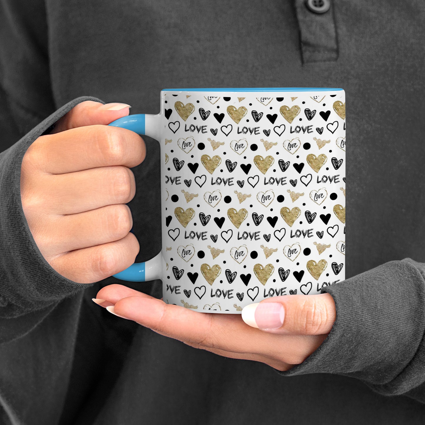 Hand drawn golden and black hearts design Pattern Sky Blue Handle 330 ml Coffee Mug