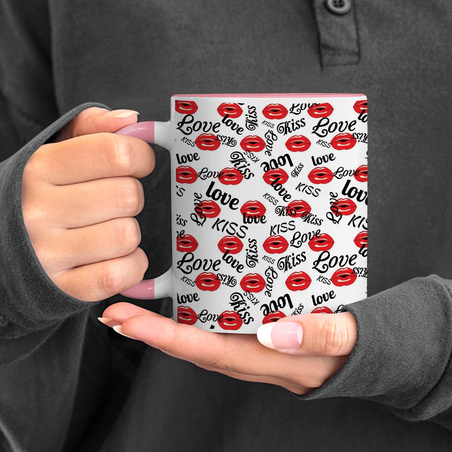 Red kissing lips vector Pattern design Pattern Lite Pink Handle 330 ml Coffee Mug