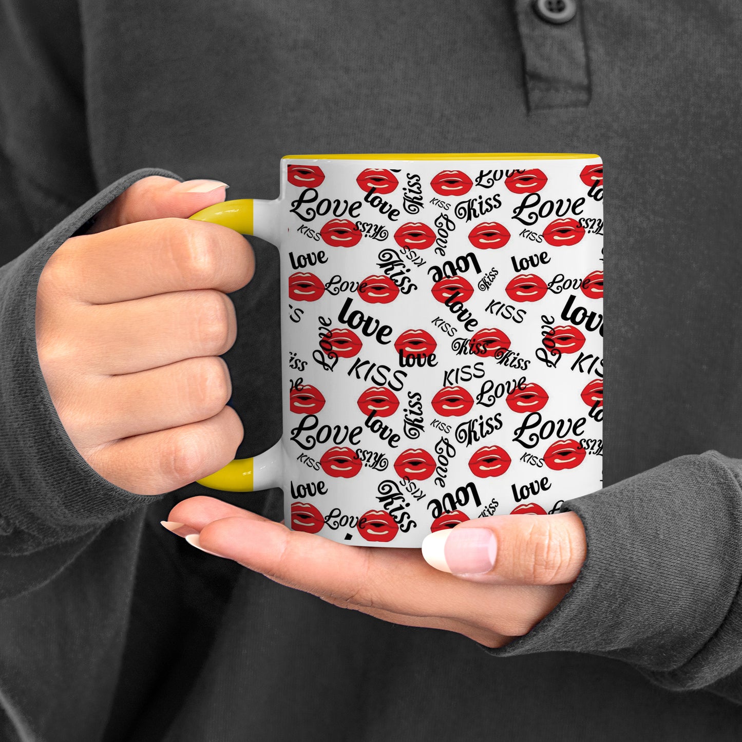 red kissing lips vector Pattern design Pattern Yellow Handle 330 ml Coffee Mug