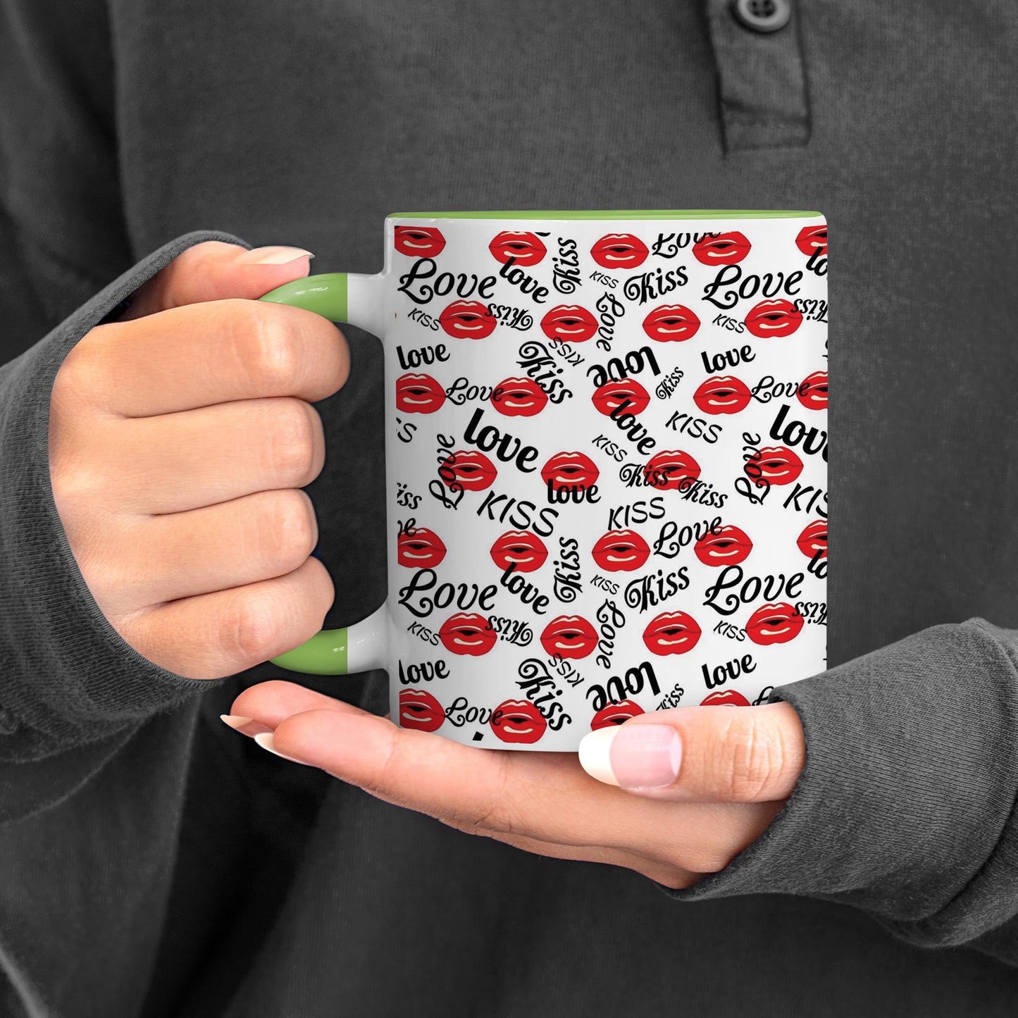 red kissing lips vector Pattern design Pattern Lite Green Handle 330 ml Coffee Mug