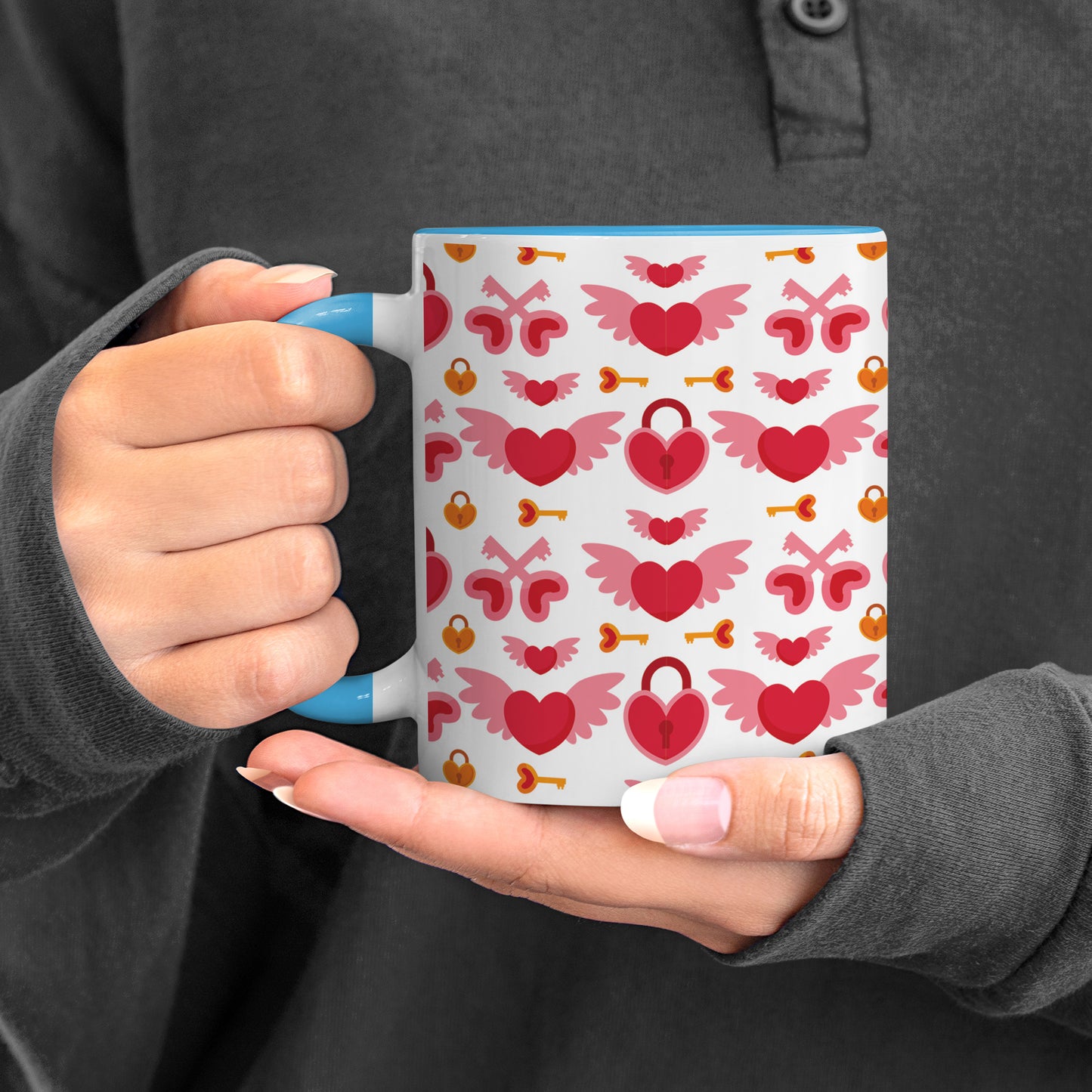 Red seamless love element design (2) Pattern Sky Blue Handle 330 ml Coffee Mug