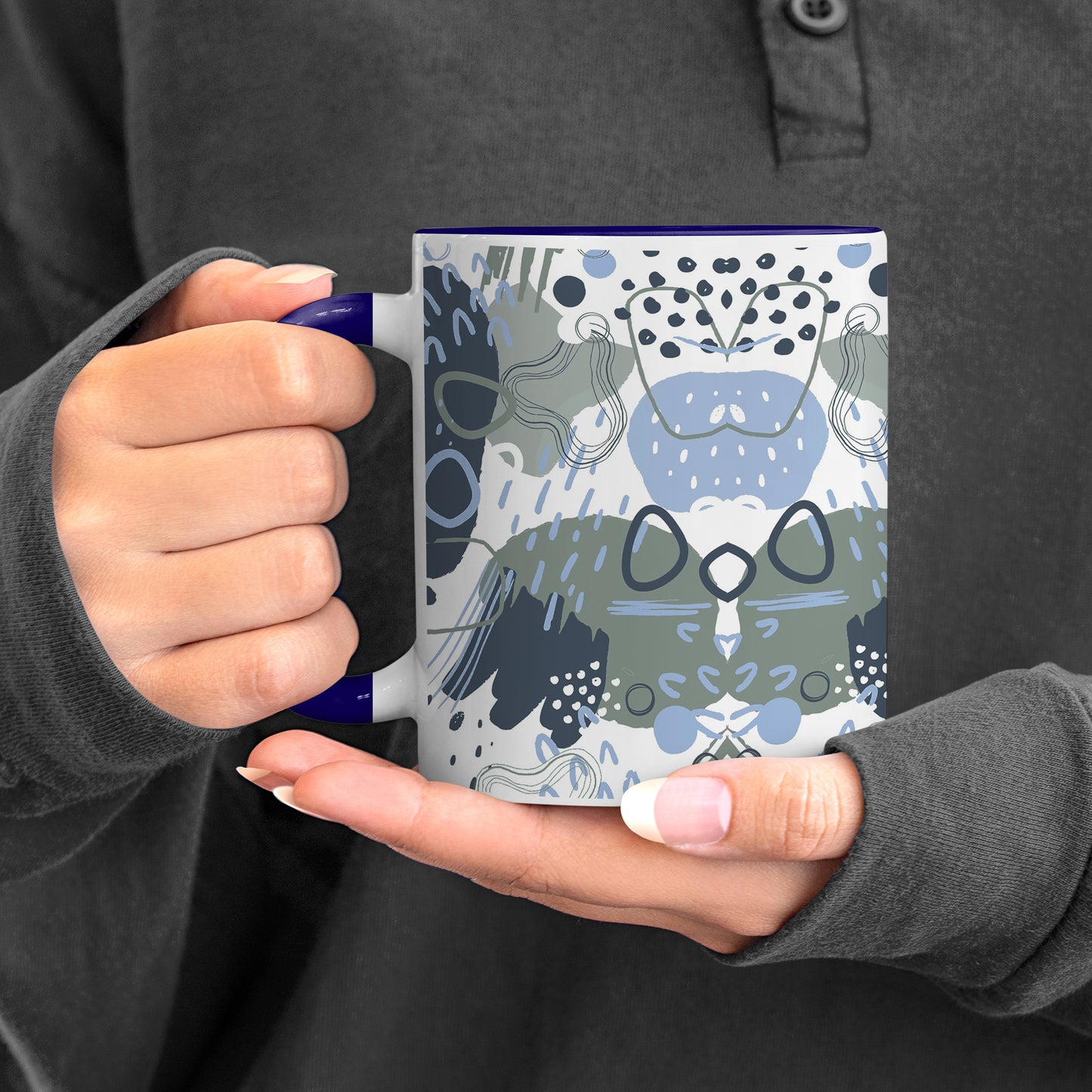 Hand art design Pattern Dark Blue Handle 330 ml Coffee Mug