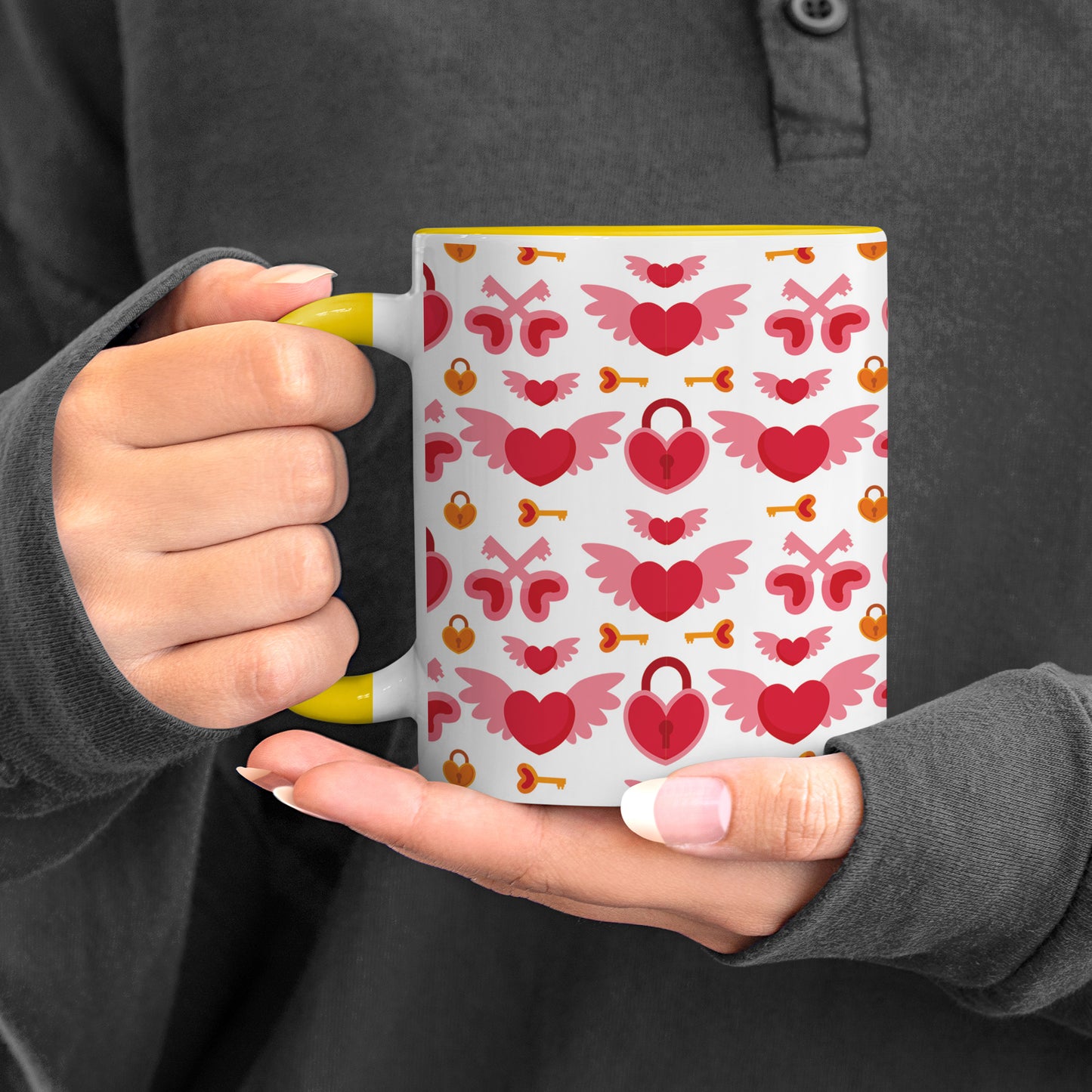 red seamless love element pattern design (2) Pattern Yellow Handle 330 ml Coffee Mug
