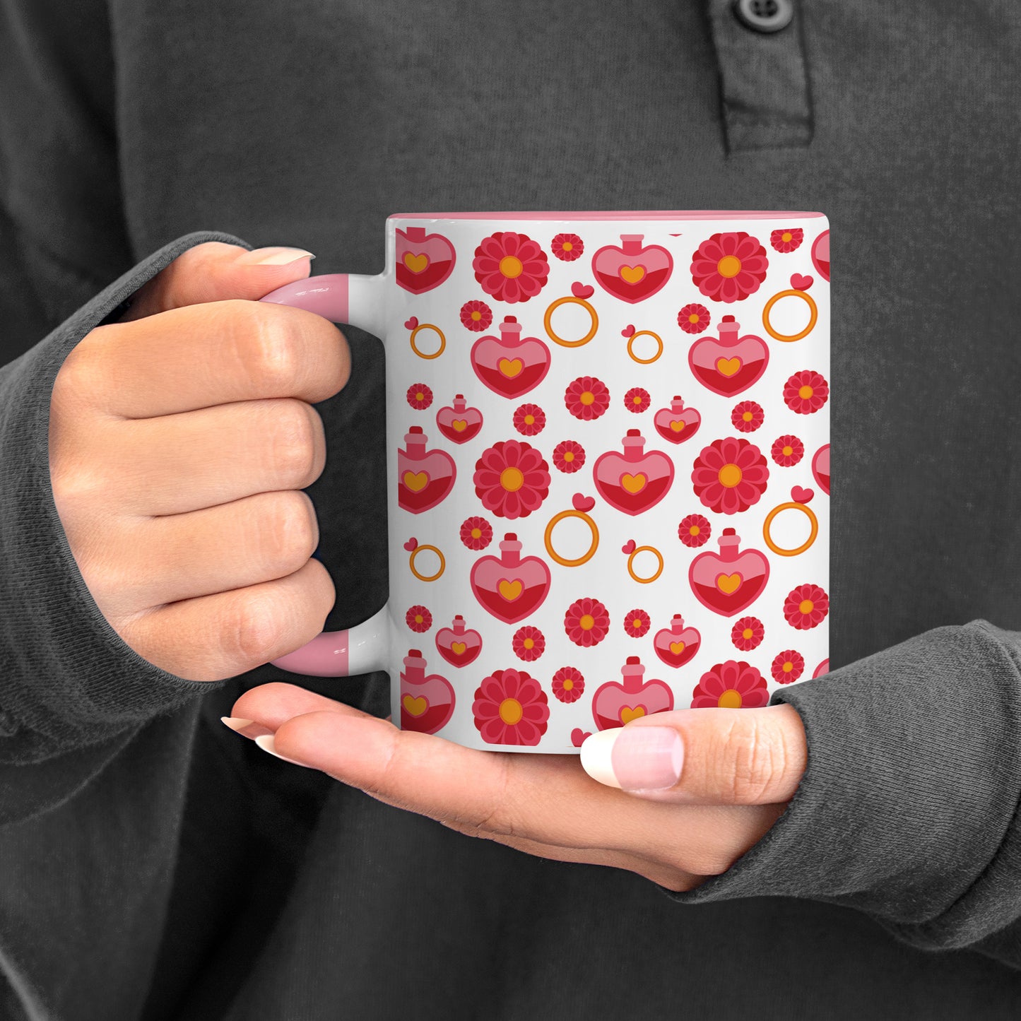 Red seamless love element design Pattern Lite Pink Handle 330 ml Coffee Mug