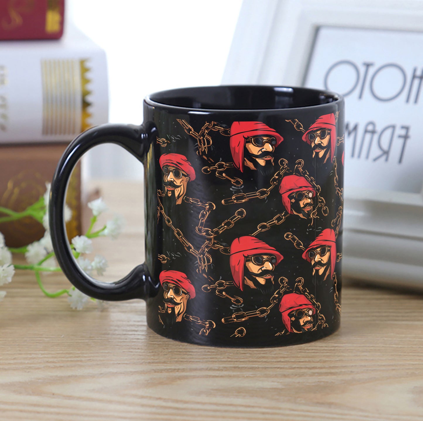 Pirate Chain Pattern Combo Mugs and Coaster(Set of 2 Mugs and 2 coasters) 330 ml Full Black Coffee Mug