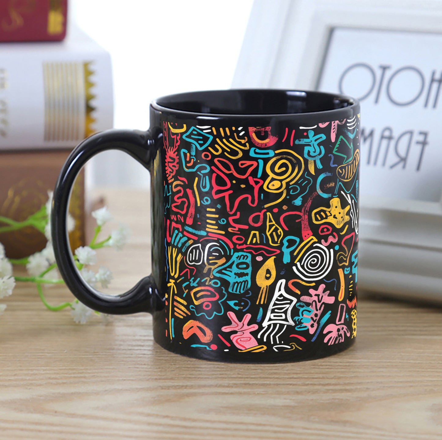 Colorful Word Pattern Art Combo Mugs and Coaster(Set of 2 Mugs and 2 coasters) 330 ml Full Black Coffee Mug