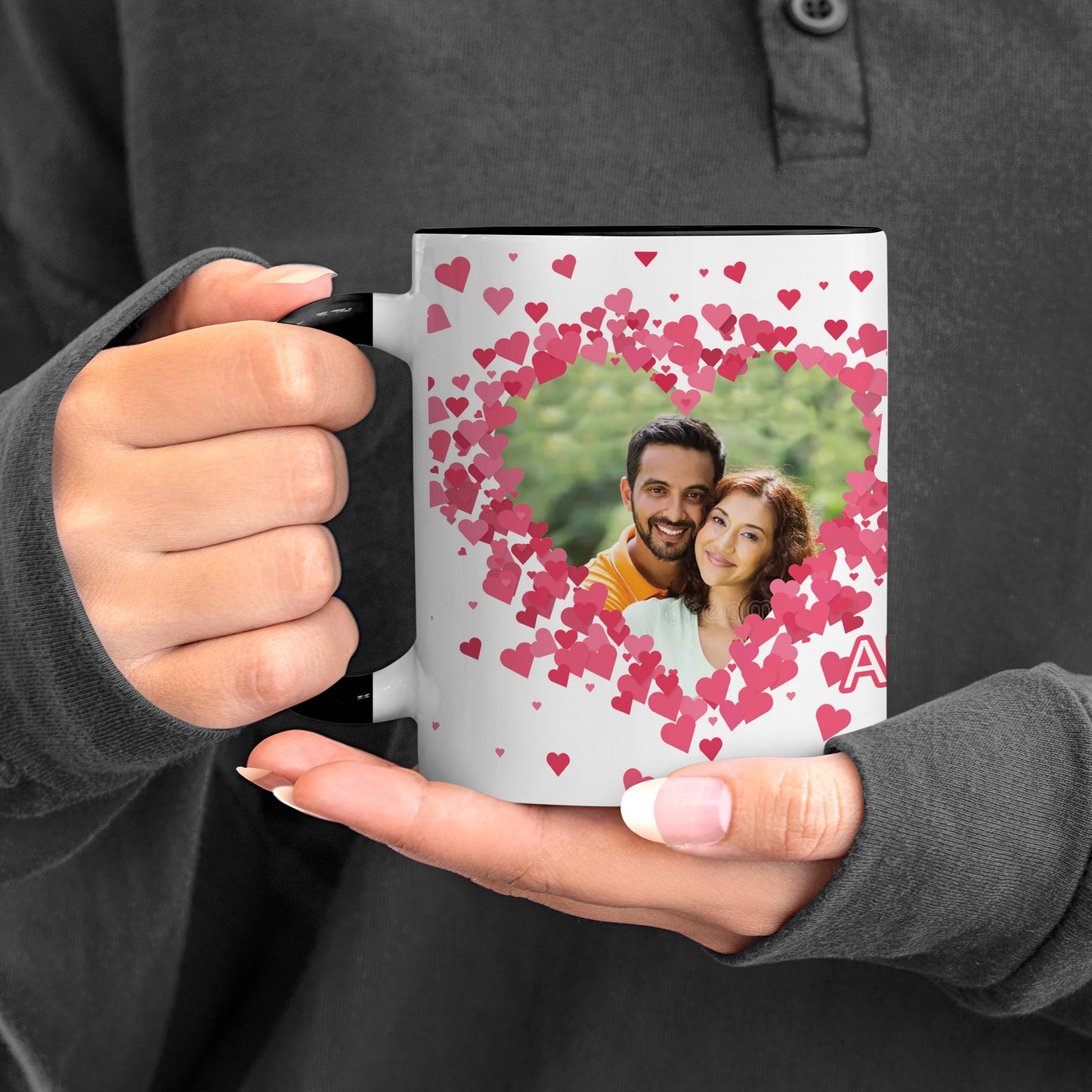 Couple Personalized Add Two Photos Black Handle 330 ml Coffee Mug