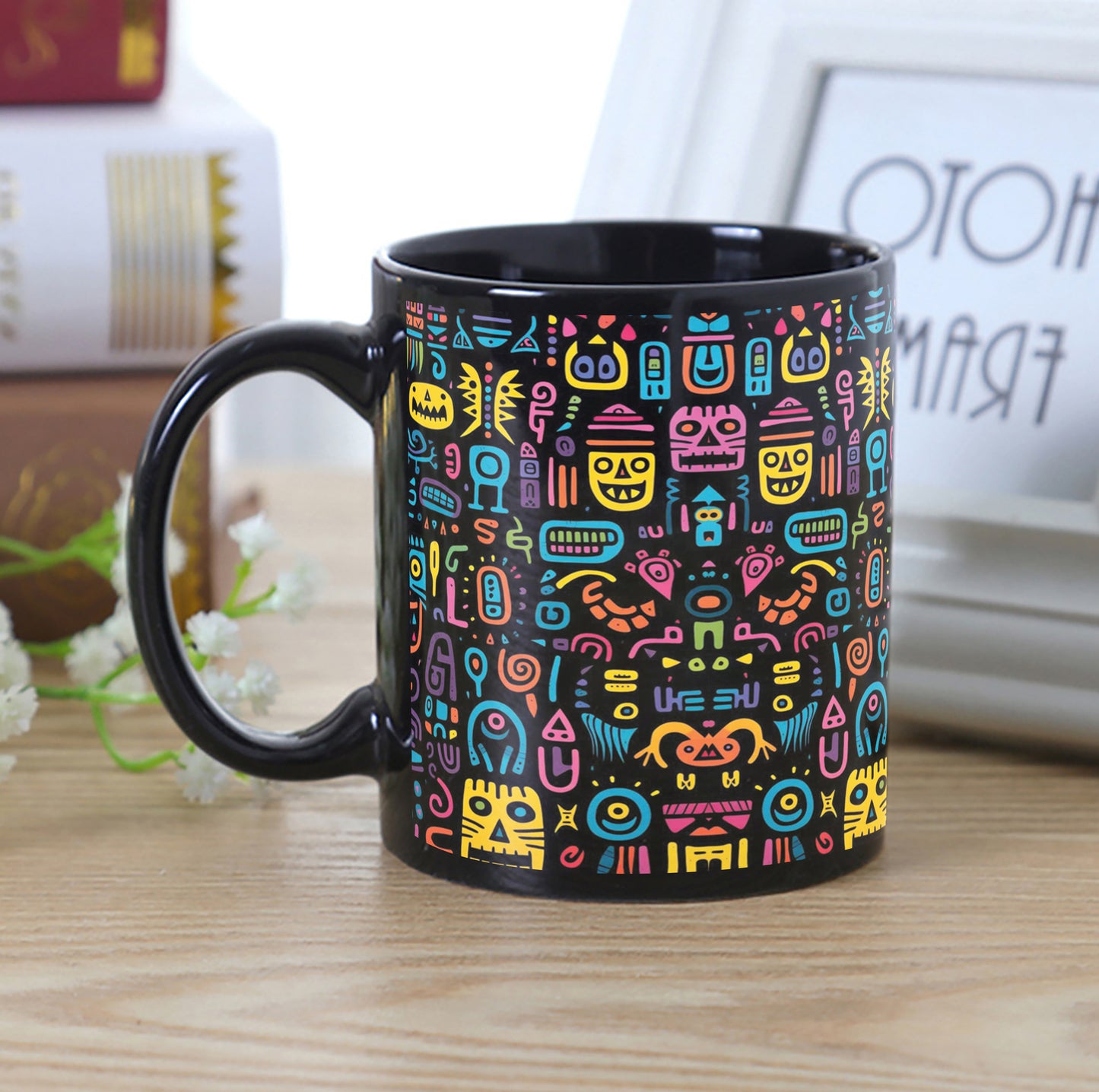 Colorful Objects Combo Mugs and Coaster(Set of 2 Mugs and 2 coasters) 330 ml Full Black Coffee Mug