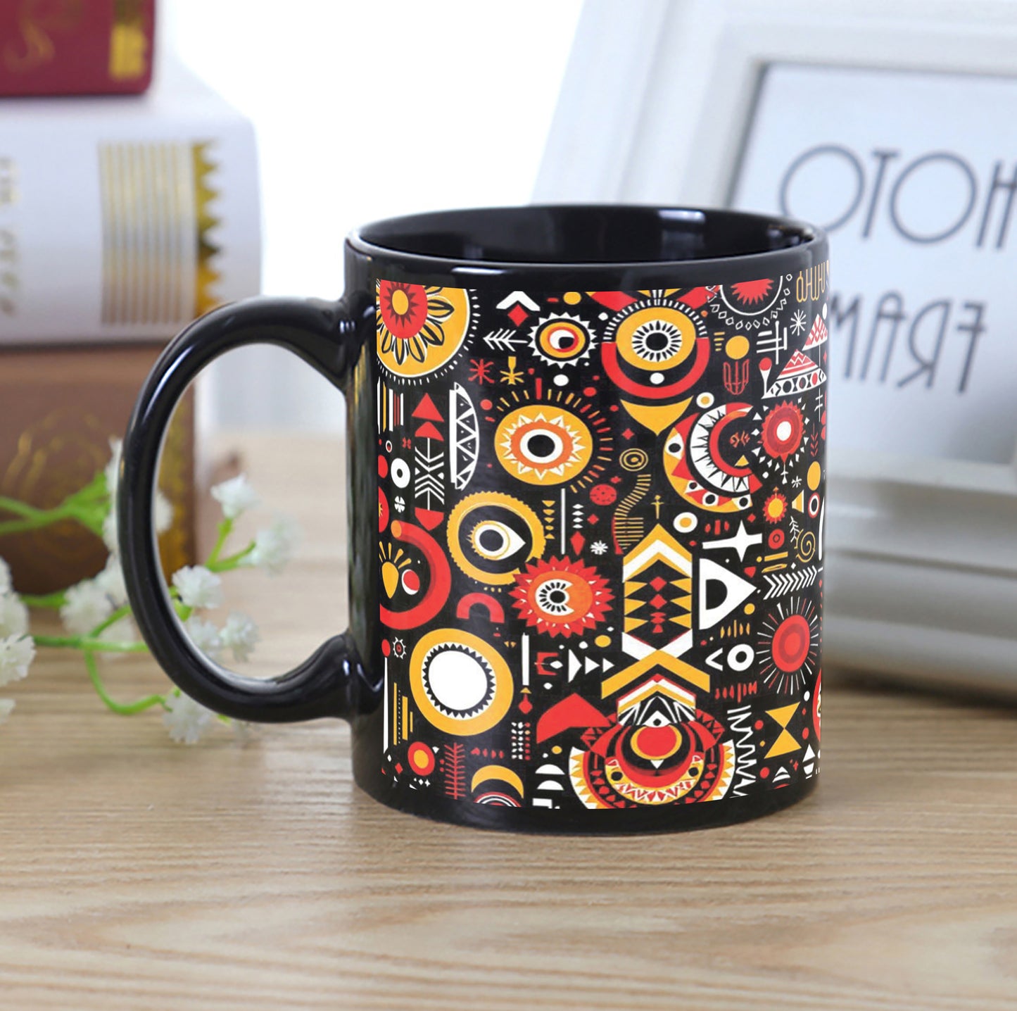 Bold Abstract Geometric Art Combo Mugs and Coaster(Set of 2 Mugs and 2 coasters) 330 ml Full Black Coffee Mug