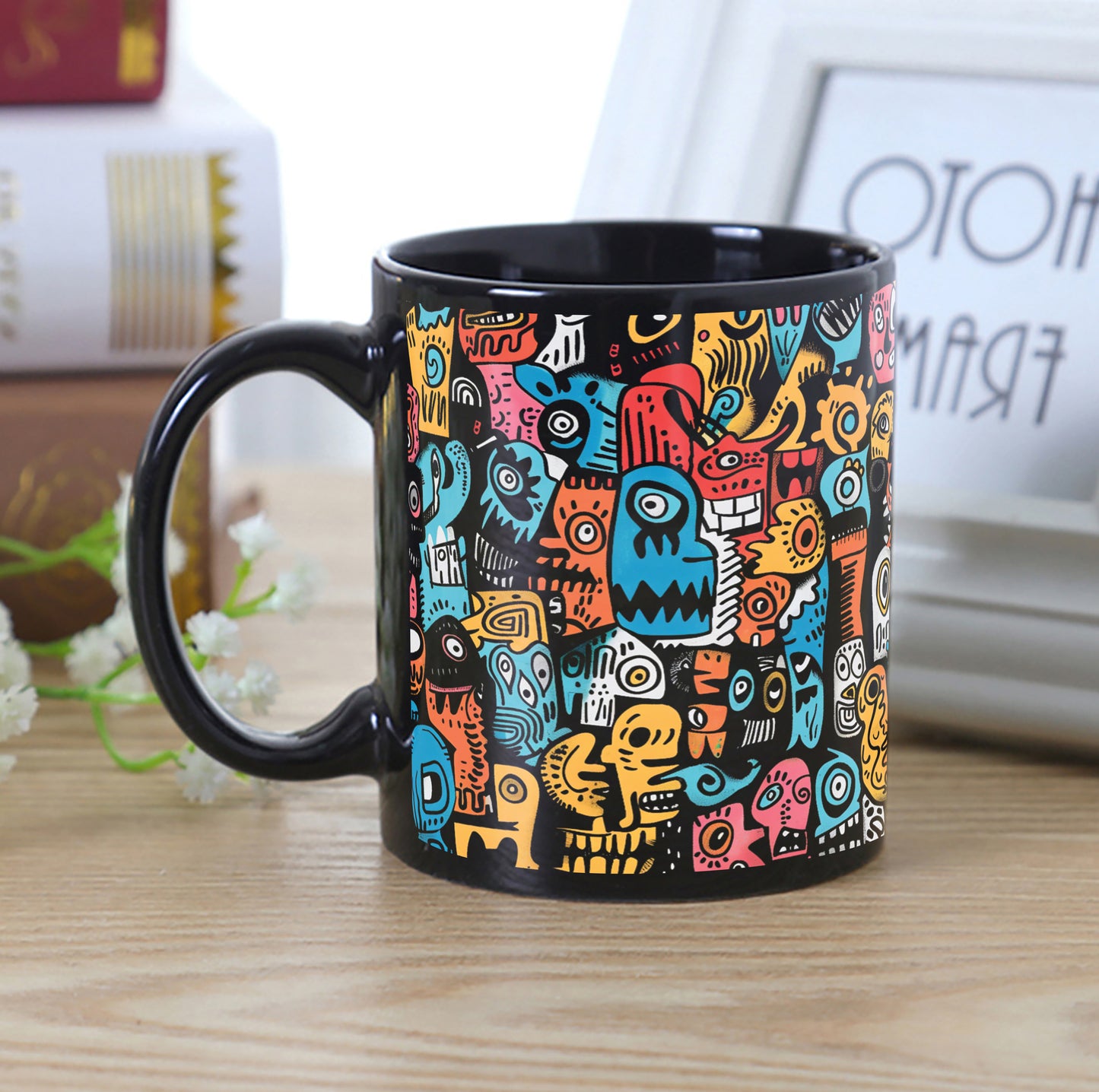 Colorful illustration of Skulls Combo Mugs and Coaster(Set of 2 Mugs and 2 coasters) 330 ml Full Black Coffee Mug