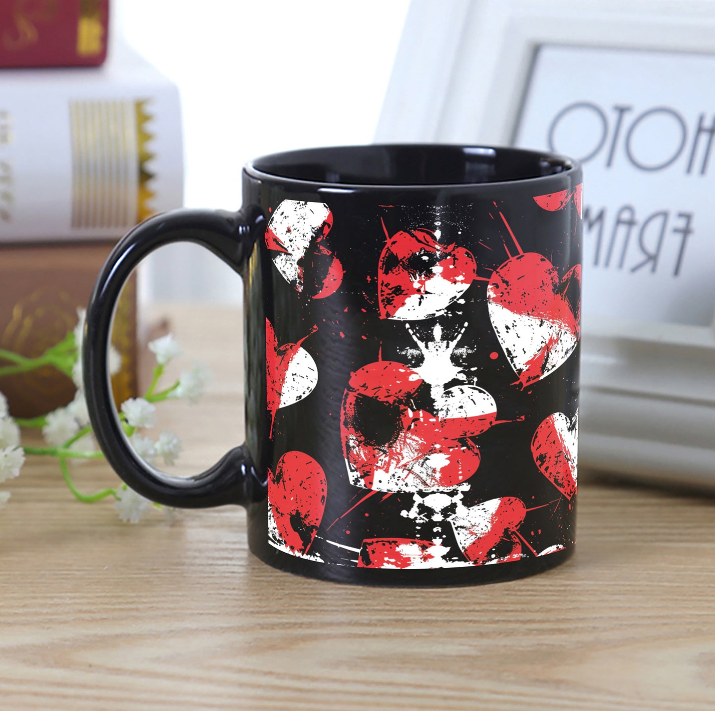 Red and White Stamped Hearts Pattern Combo Mugs and Coaster(Set of 2 Mugs and 2 coasters) 330 ml Full Black Coffee Mug