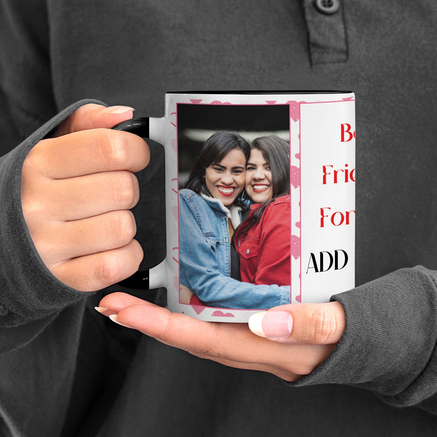 Best Friend forever customized Add Two photos black handle 330 ml Coffee Mug