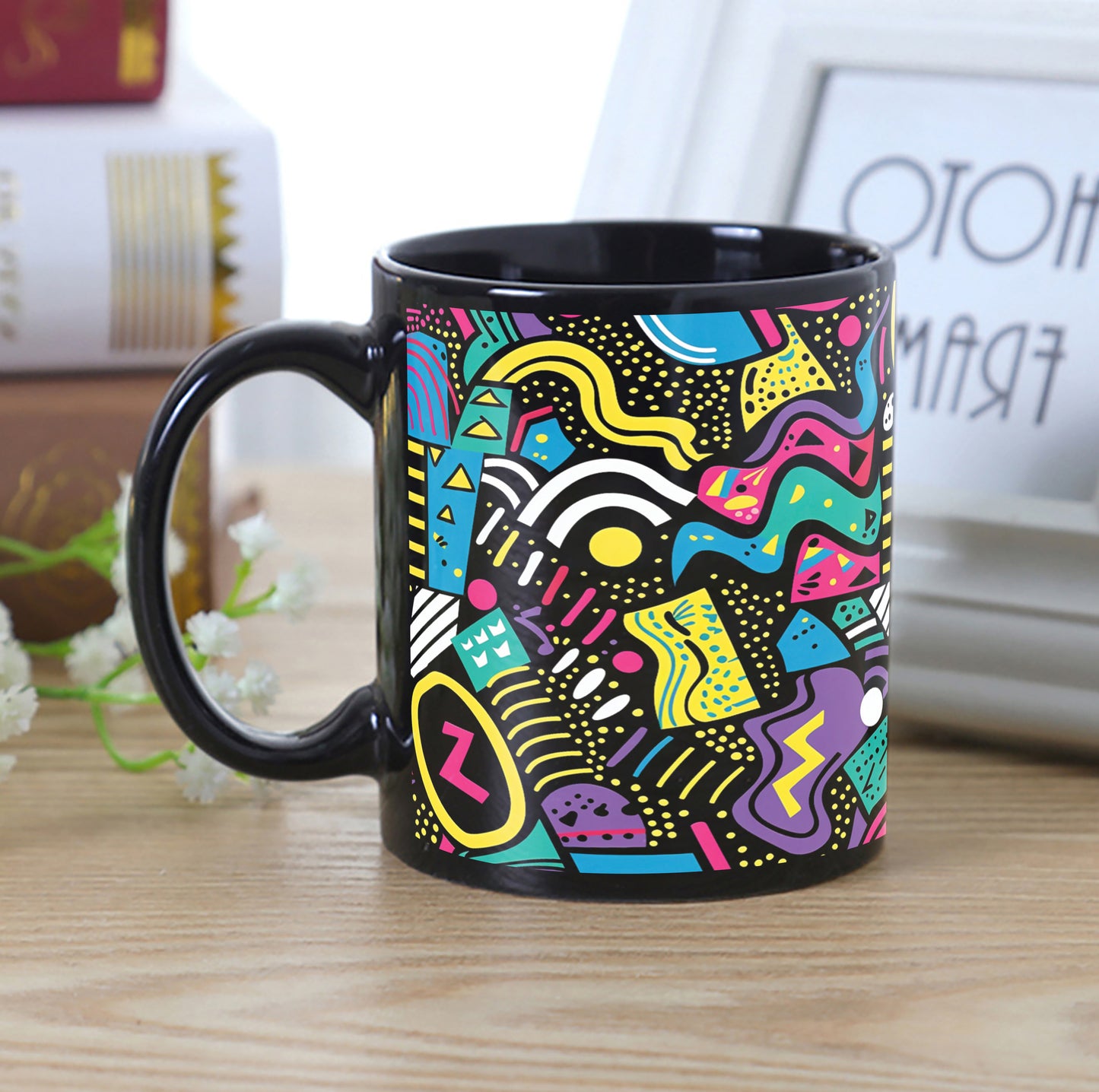 Doodle Art Seamless Shapes and Textures Pattern Combo Mugs and Coaster(Set of 2 Mugs and 2 coasters) 330 ml Full Black Coffee Mug