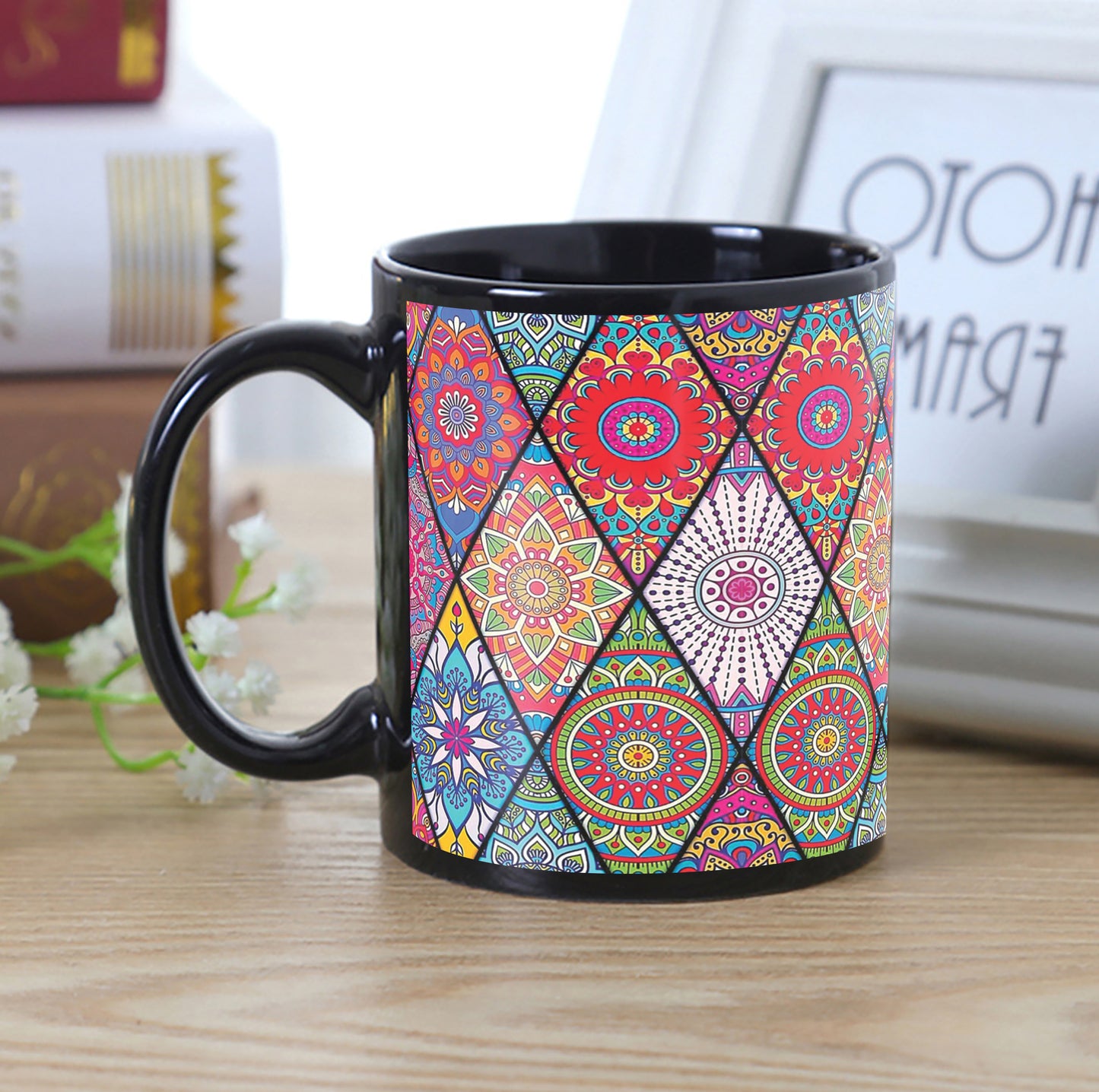 Colorful Floral Seamless Pattern Combo Mugs and Coaster(Set of 2 Mugs and 2 coasters) 330 ml Full Black Coffee Mug