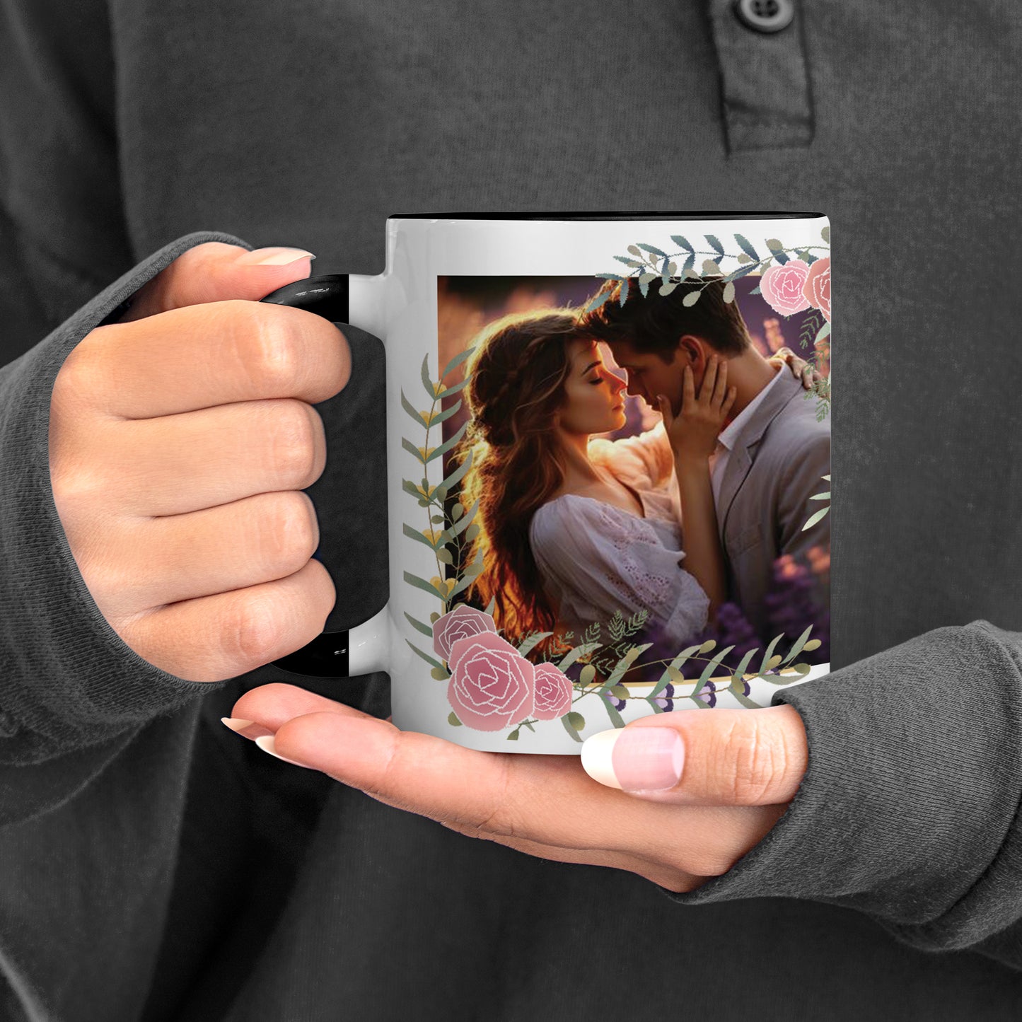 Couple Personalized Add Photos Black Handle 330 ml Coffee Mug