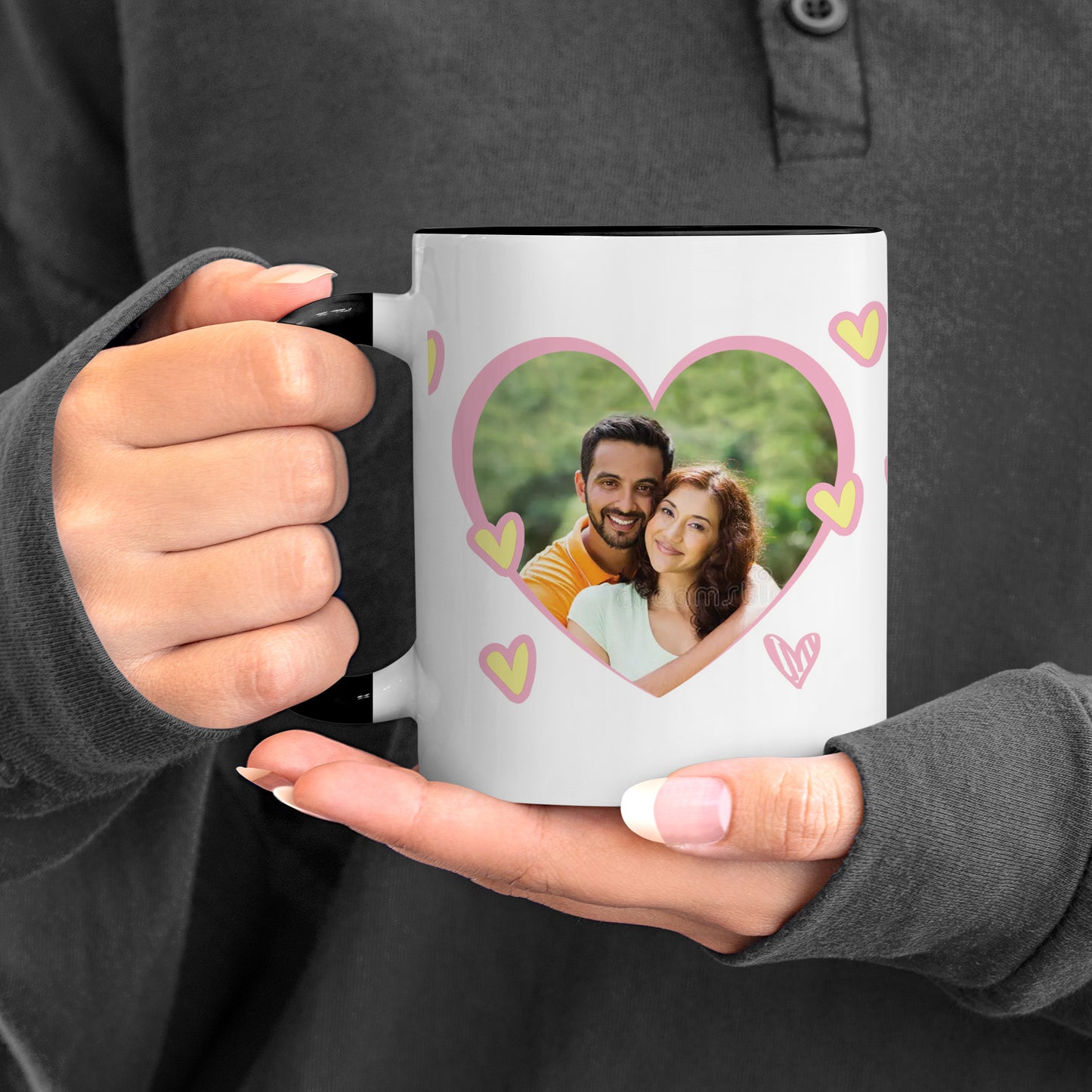 Couple Customized Add Two Photos Black Handle 330 ml Coffee Mug
