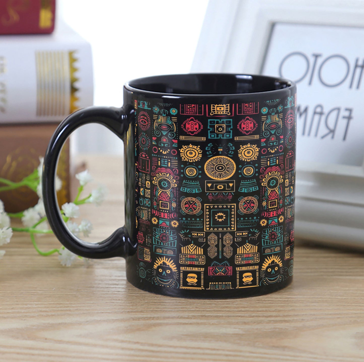 Aztec Wheel Pattern Combo Mugs and Coaster(Set of 2 Mugs and 2 coasters) 330 ml Full Black Coffee Mug