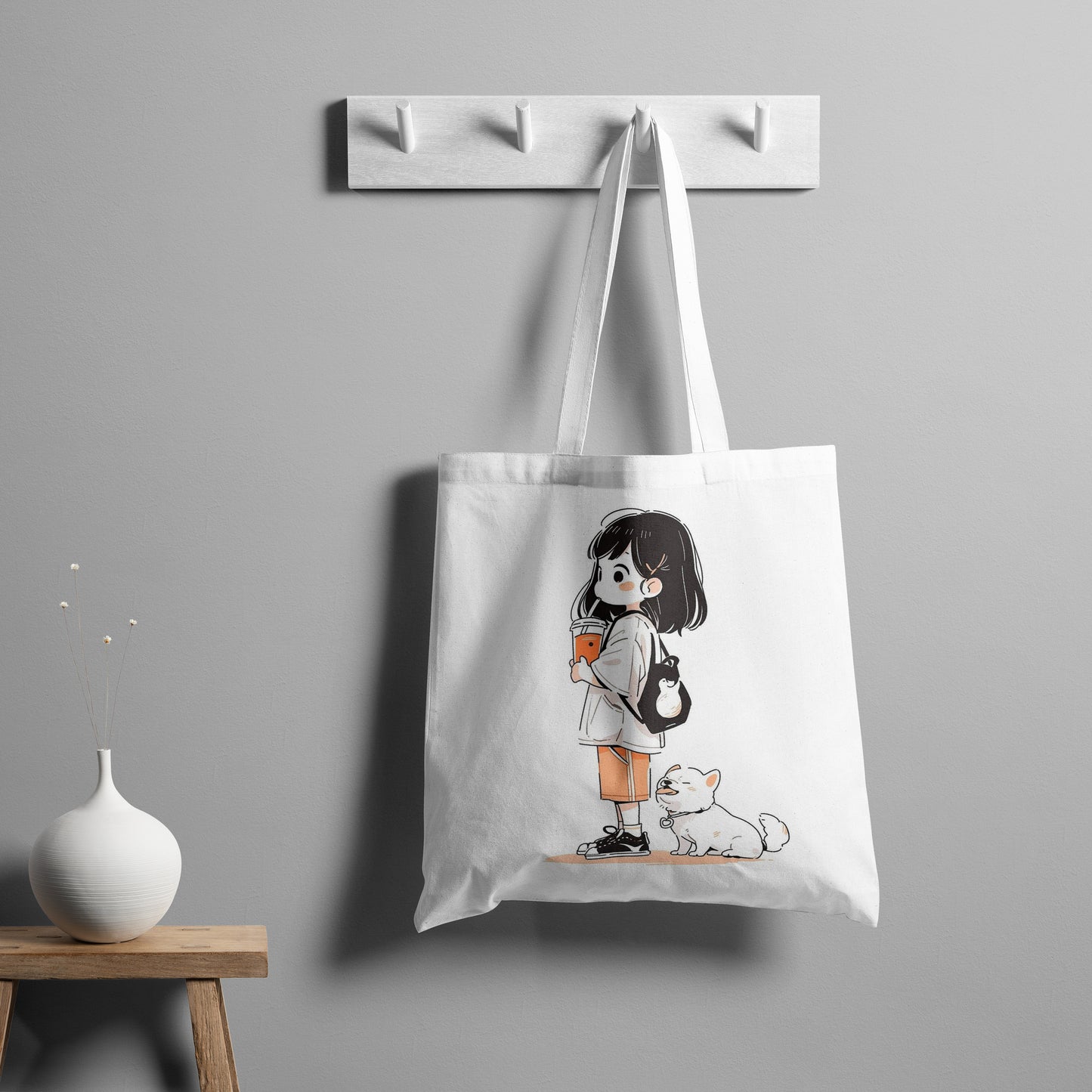 Cute girl and dog Design Tote Bag (14 X 16 Inches) Tote bag For Shopping, College, Travel