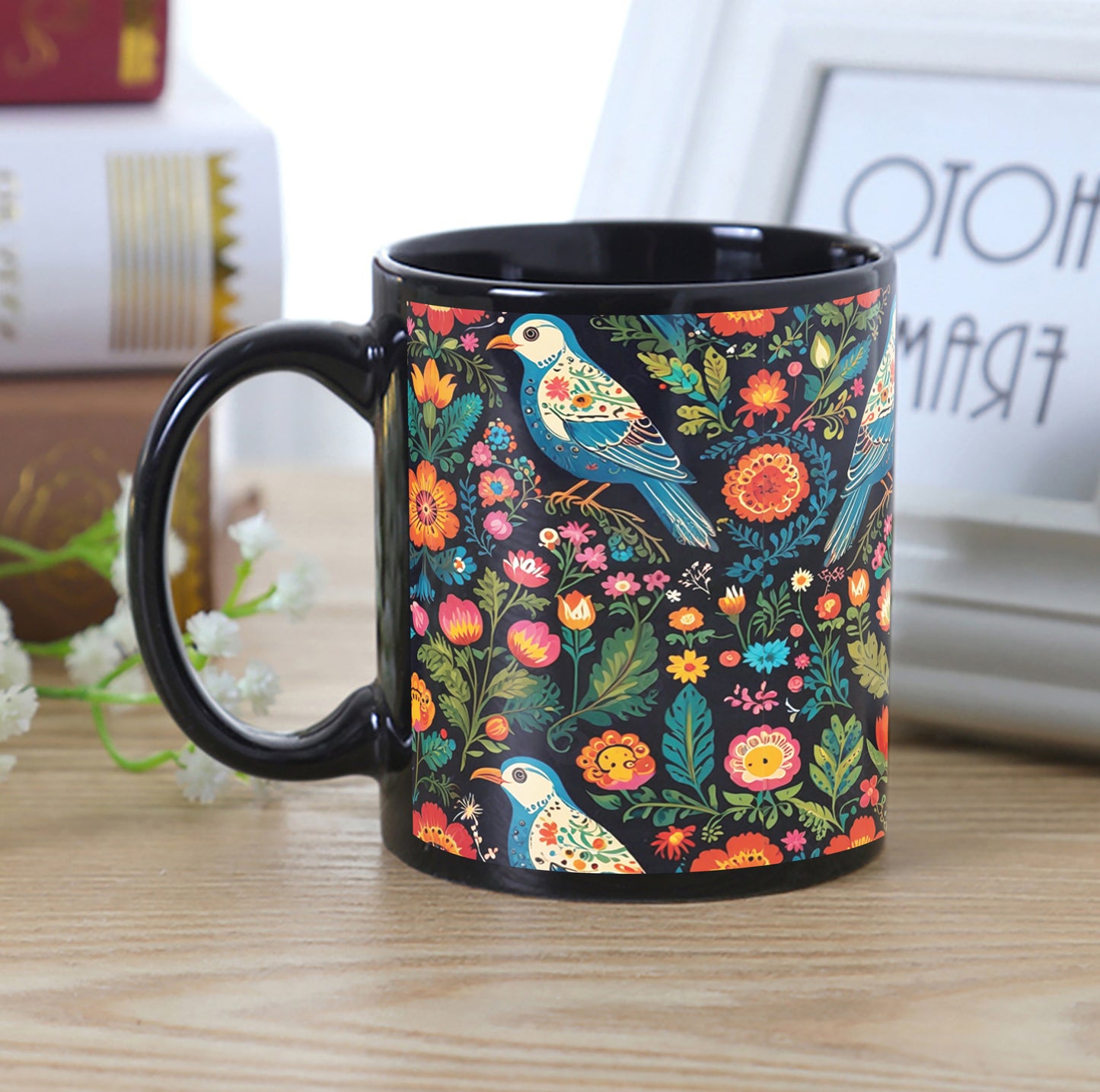 Birds and Flowers Folk Pattern Combo Mugs and Coaster(Set of 2 Mugs and 2 coasters) 330 ml Full Black Coffee Mug