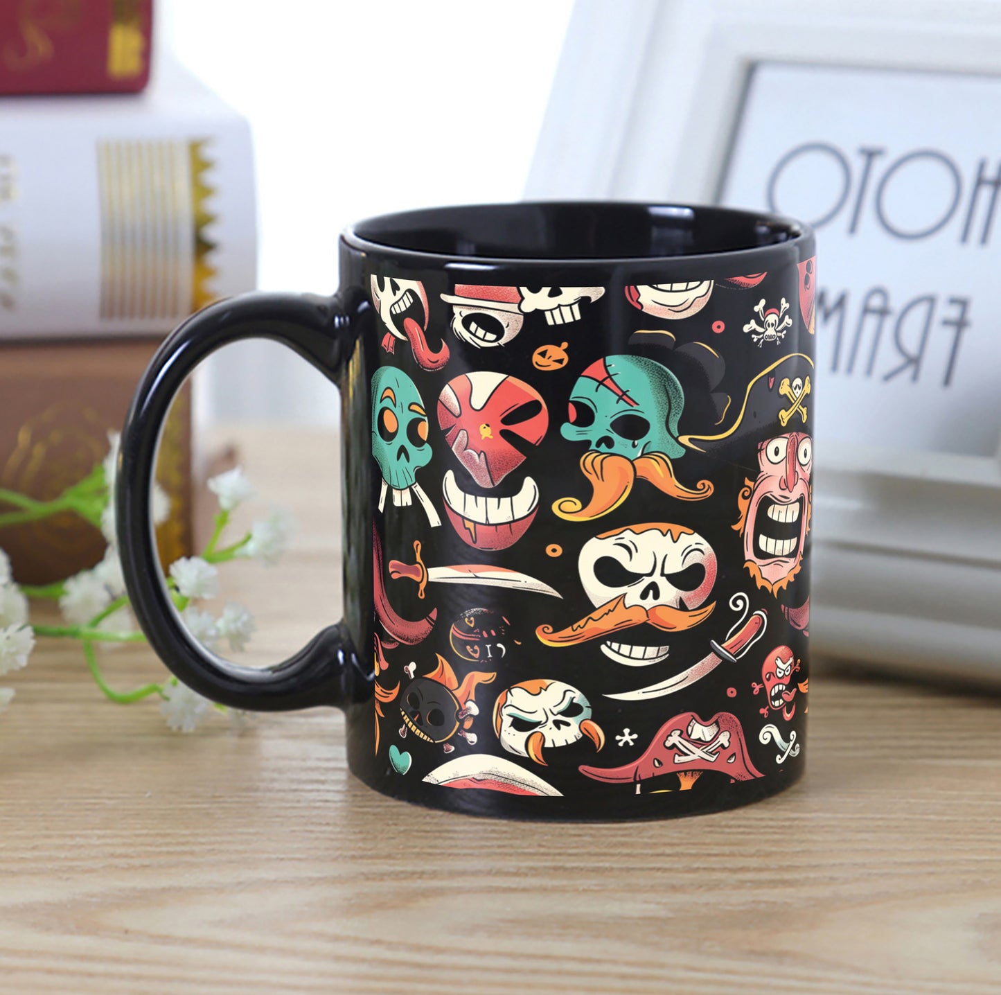 Cartoon Characters Pirate Combo Mugs and Coaster(Set of 2 Mugs and 2 coasters) 330 ml Full Black Coffee Mug