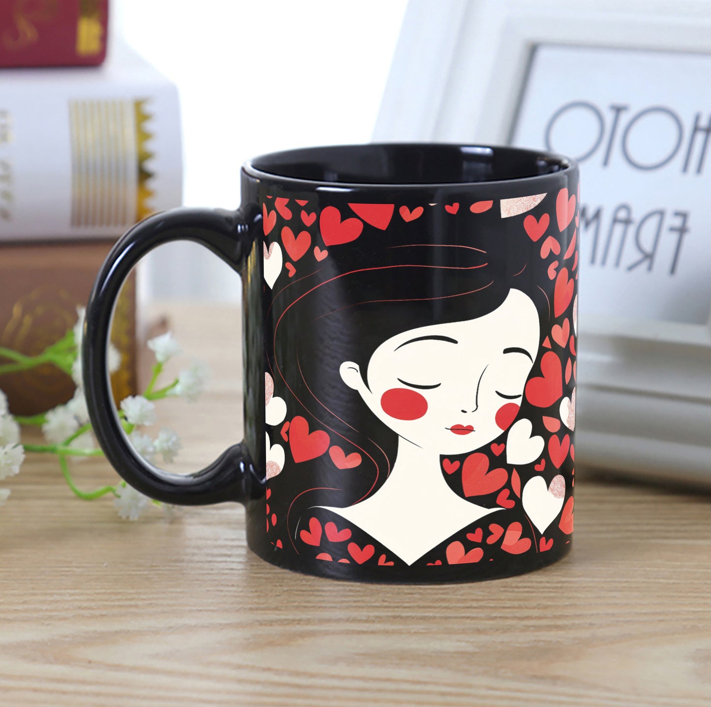 Woman and Hearts Vector Art Pattern Combo Mugs and Coaster(Set of 2 Mugs and 2 coasters) 330 ml Full Black Coffee Mug