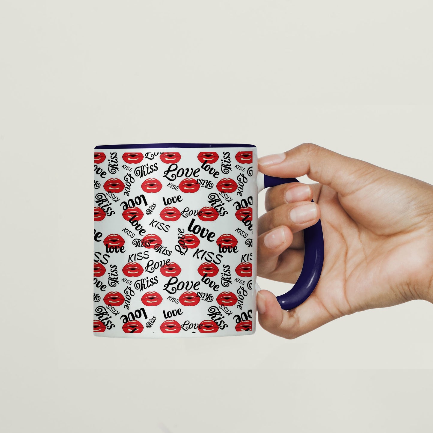 Red kissing lips vector design Pattern Dark Blue Handle 330 ml Coffee Mug