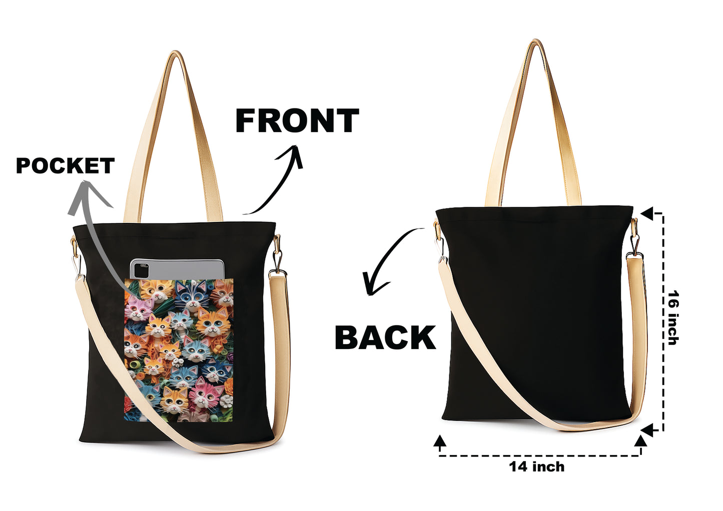Cat Women's Girls Cross Body Sling Bag with Extra Front Pocket, College Bag for Girls, Tote Bag for Shopping,Travel