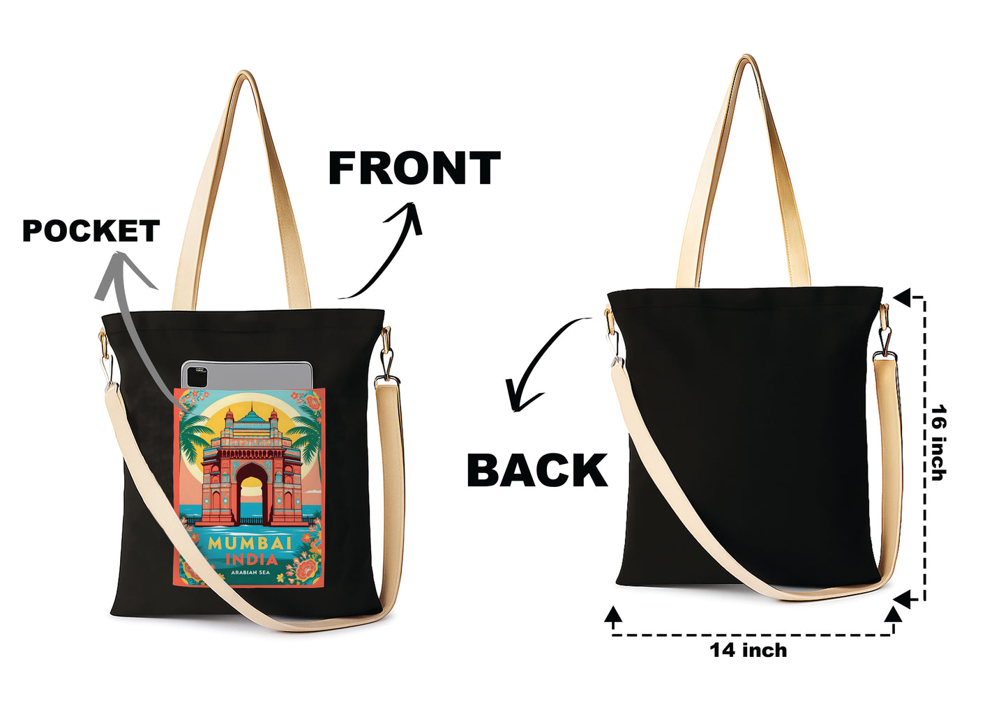 Mumbai India Printed Women's Girls Cross Body Sling Bag with Extra Front Pocket, College Bag for Girls, Tote Bag for Shopping,Travel