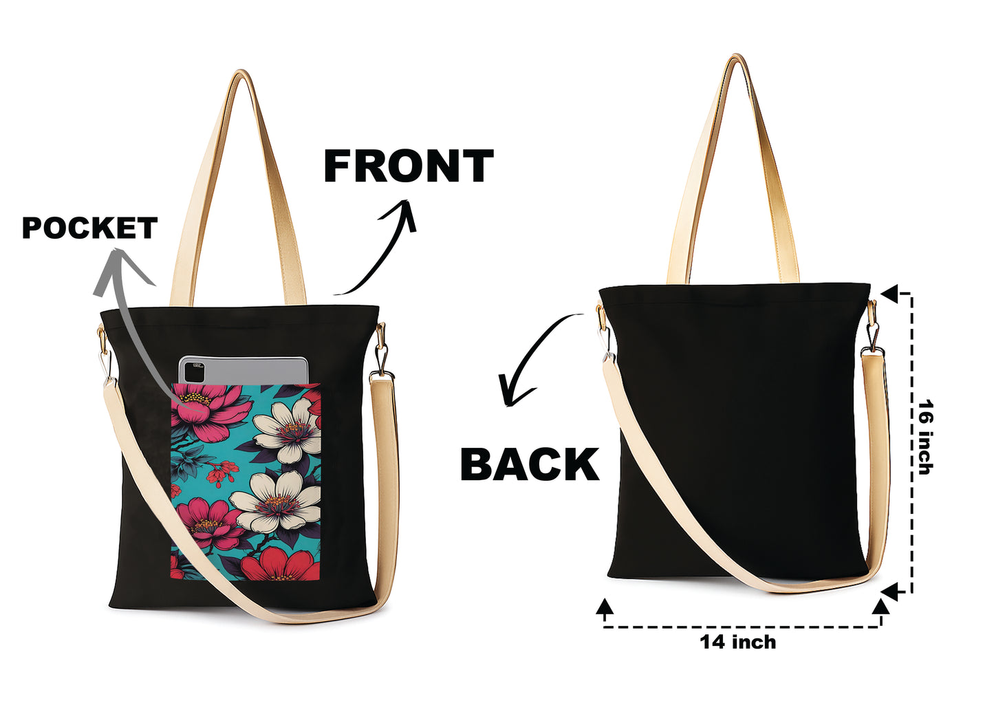 Flower black patch 2 Printed Women's Girls Cross Body Sling Bag with Extra Front Pocket, College Bag for Girls, Tote Bag for Shopping,Travel