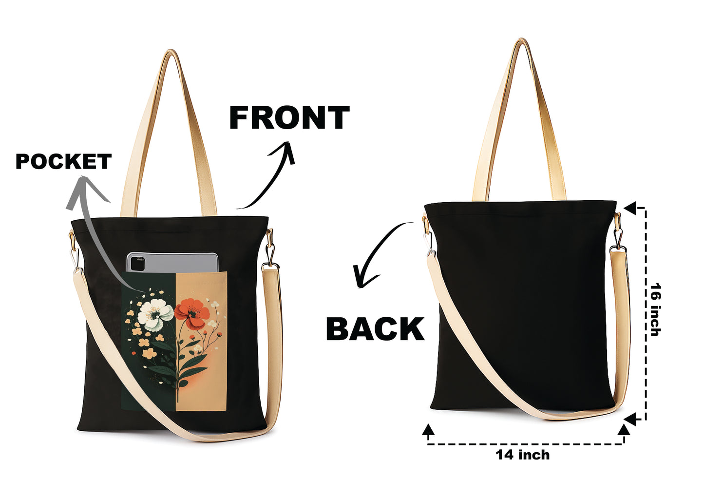 Flower Art 2 Printed Women's Girls Cross Body Sling Bag with Extra Front Pocket, College Bag for Girls, Tote Bag for Shopping,Travel