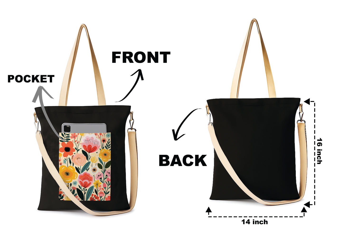 Flower Black Patch 1 Printed Women's Girls Cross Body Sling Bag with Extra Front Pocket, College Bag for Girls, Tote Bag for Shopping,Travel