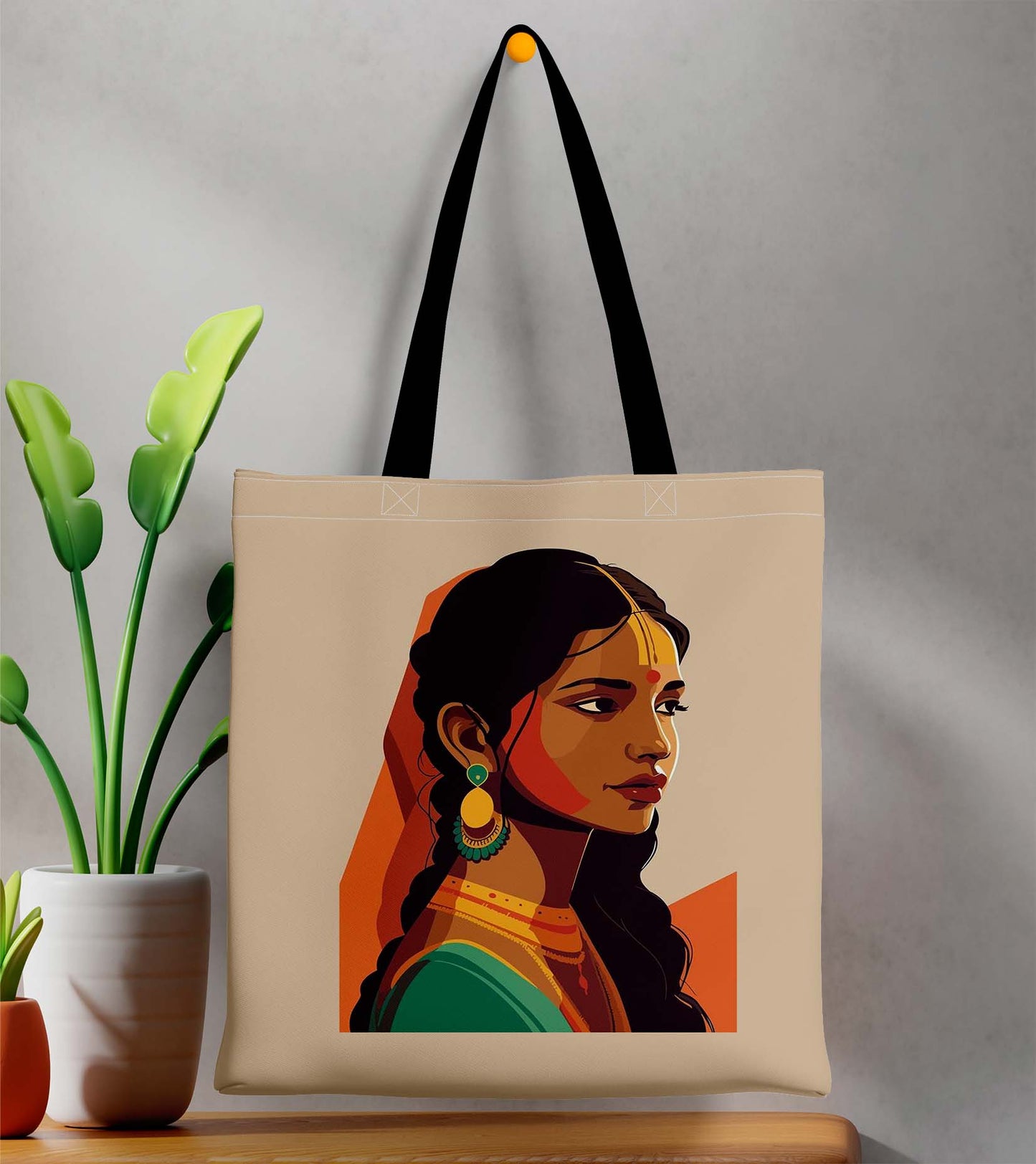 Woman Abstract Design Printed Black Handle Tote Bag (14 X 16 Inches) For Shopping, College, Travel