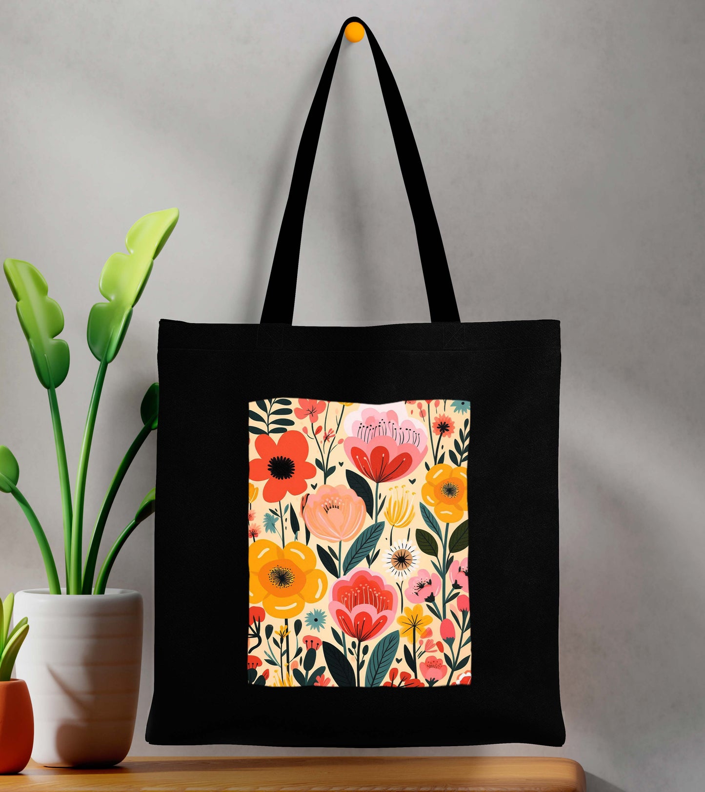 Flower Design Printed Black Patch With Pocket Tote Bag (14 X 16 Inches) For Shopping, College, Travel