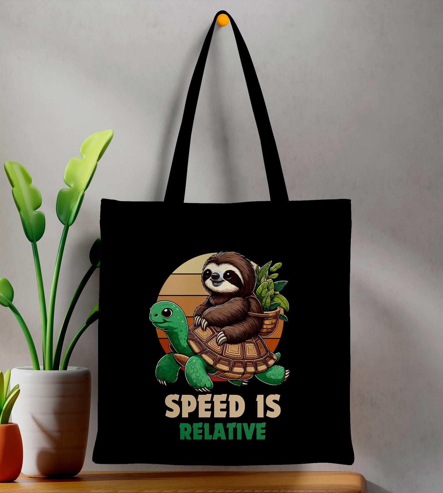 Speed Is Relative Printed Black Tote Bag (14 X 16 Inches) For Shopping, College, Travel