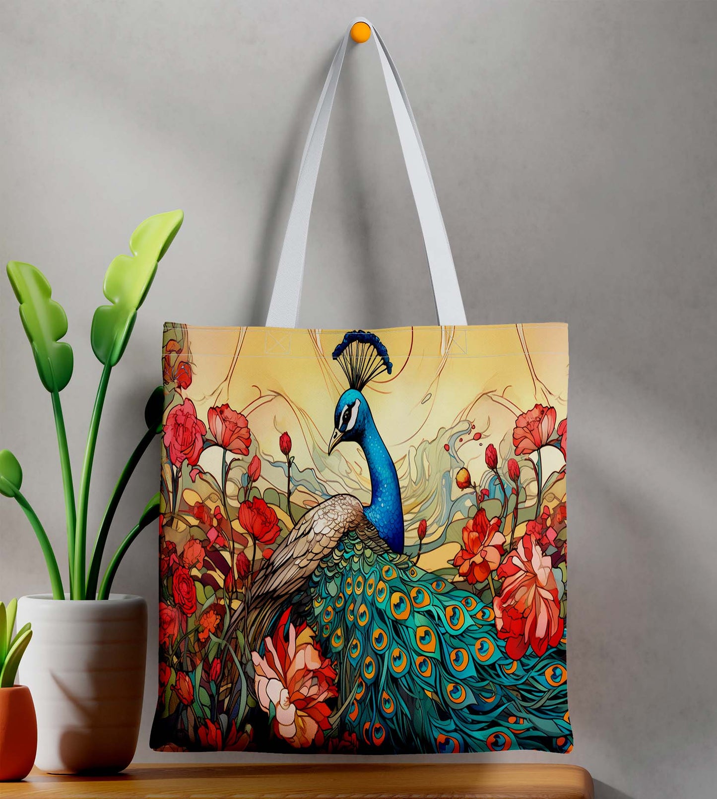Peacock White Printed Tote Bag (14 X 16 Inches) For Shopping, College, Travel