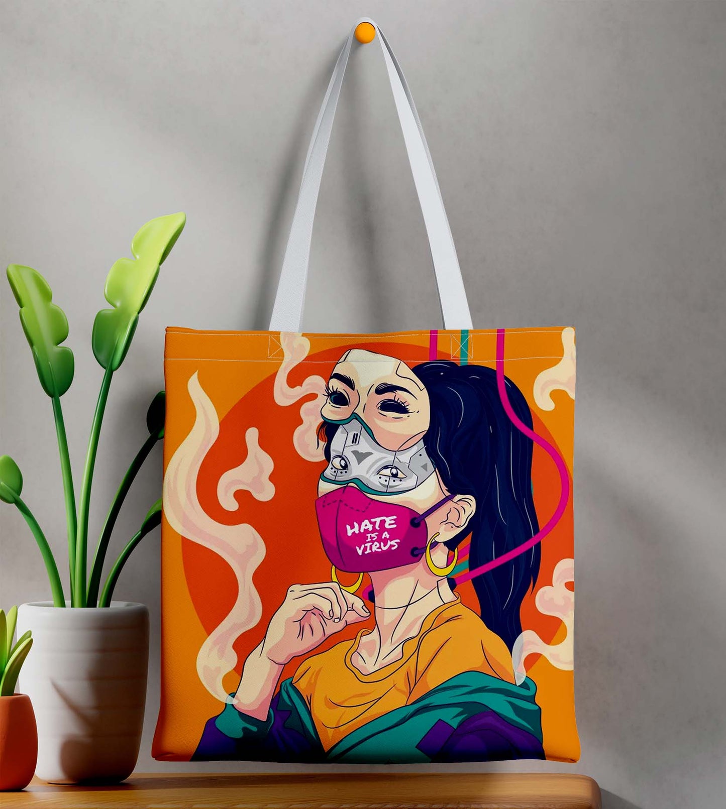 Facemask Girl White Printed Tote Bag (14 X 16 Inches) For Shopping, College, Travel