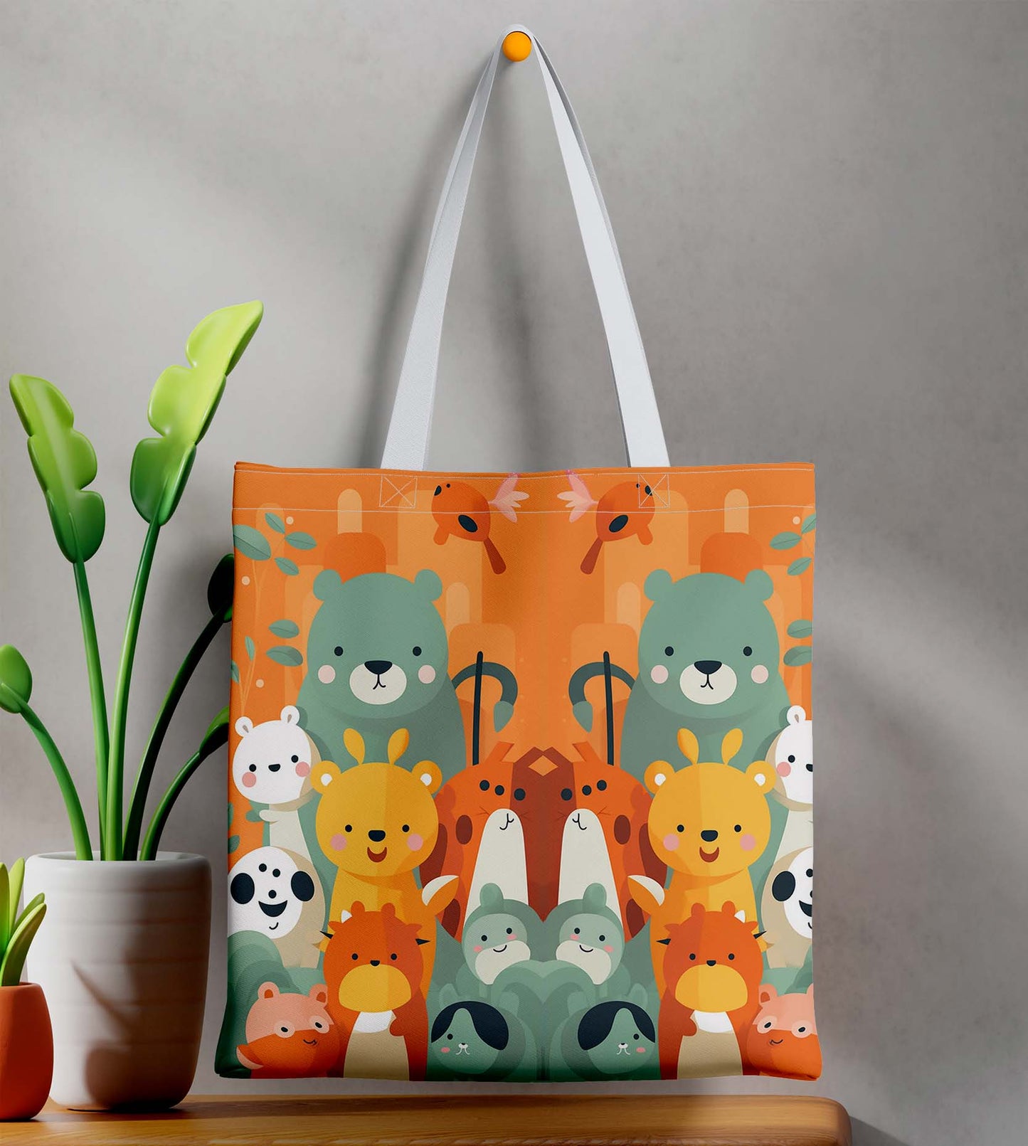 Colorful Cute Bears White Printed Tote Bag (14 X 16 Inches) For Shopping, College, Travel