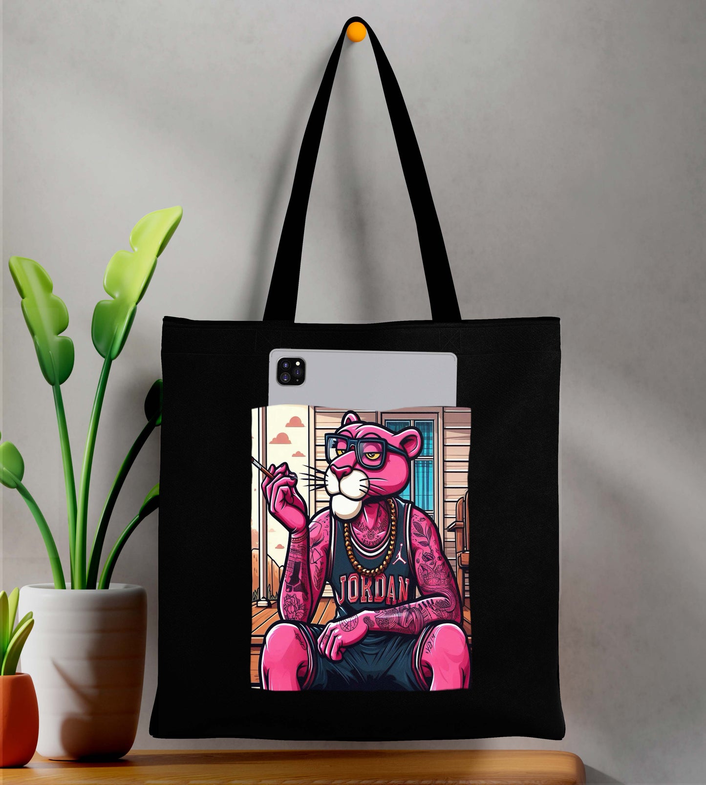 Pink panther Design Printed Black With Pocket Tote Bag (14 X 16 Inches) For Shopping, College, Travel