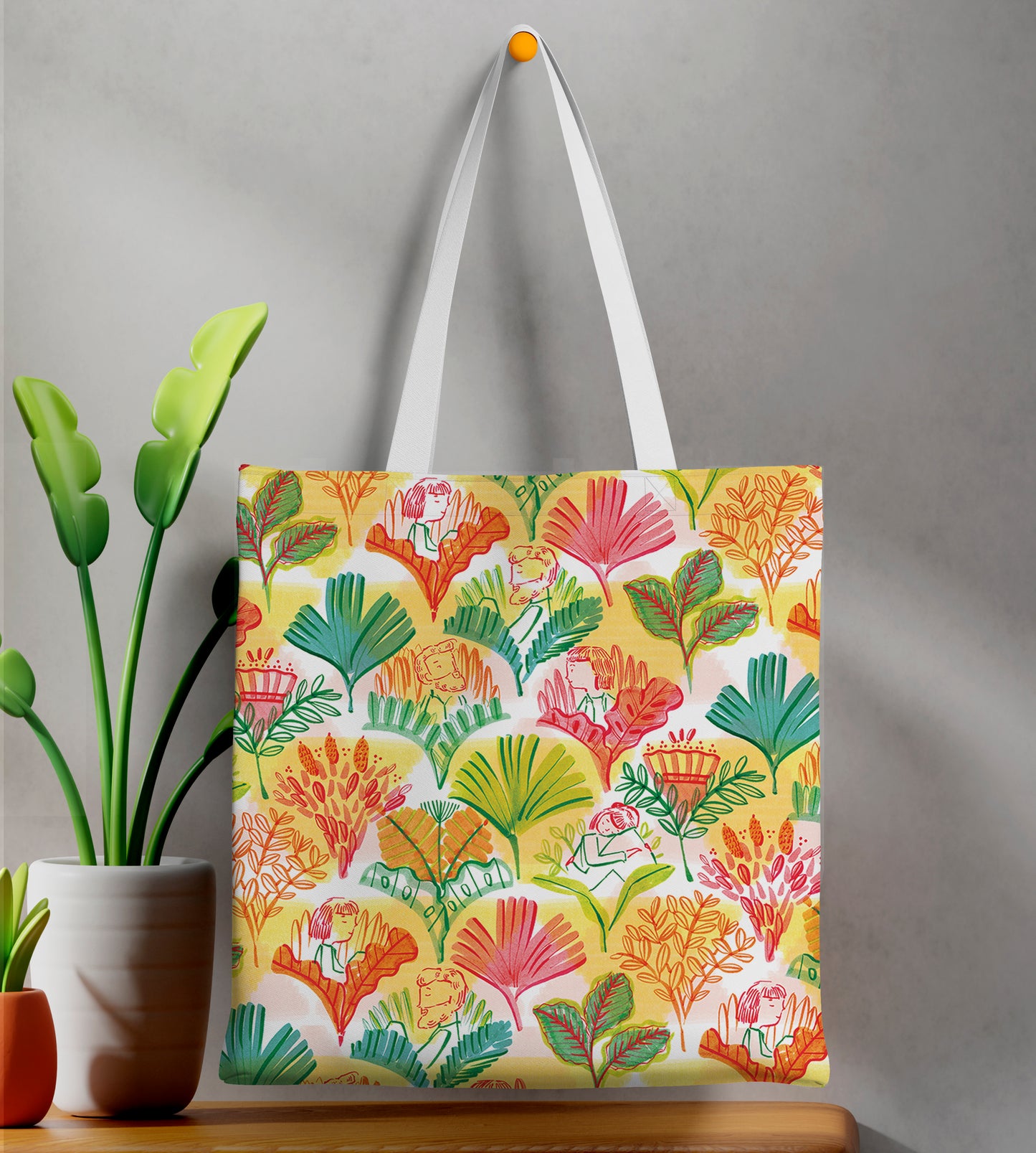 Watercolor flowers and human seamless pattern Printed Design White Tote Bag (14 X 16 Inches) For Shopping, College, Travel