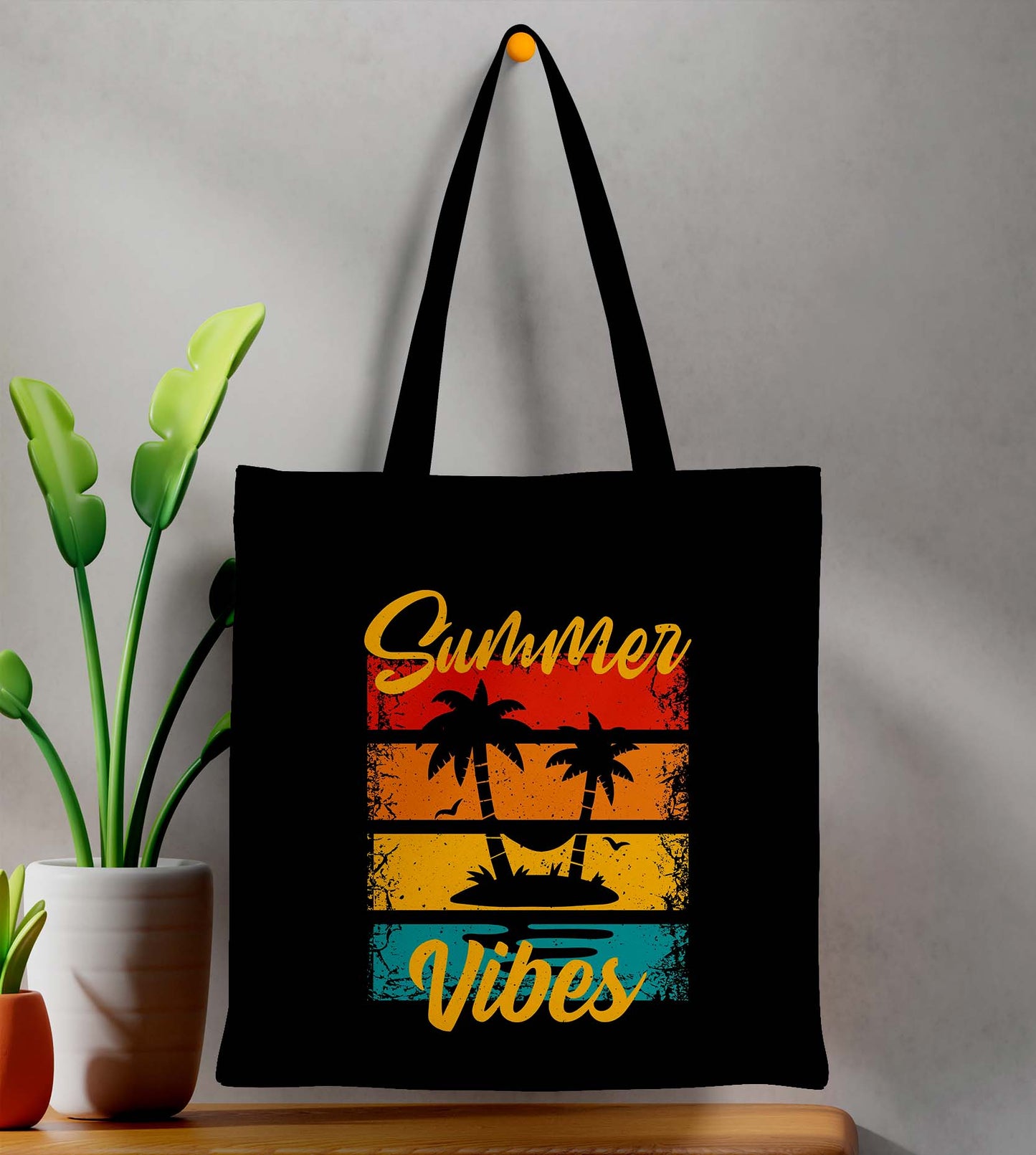 Summer Vibes Printed Black Tote Bag (14 X 16 Inches) For Shopping, College, Travel